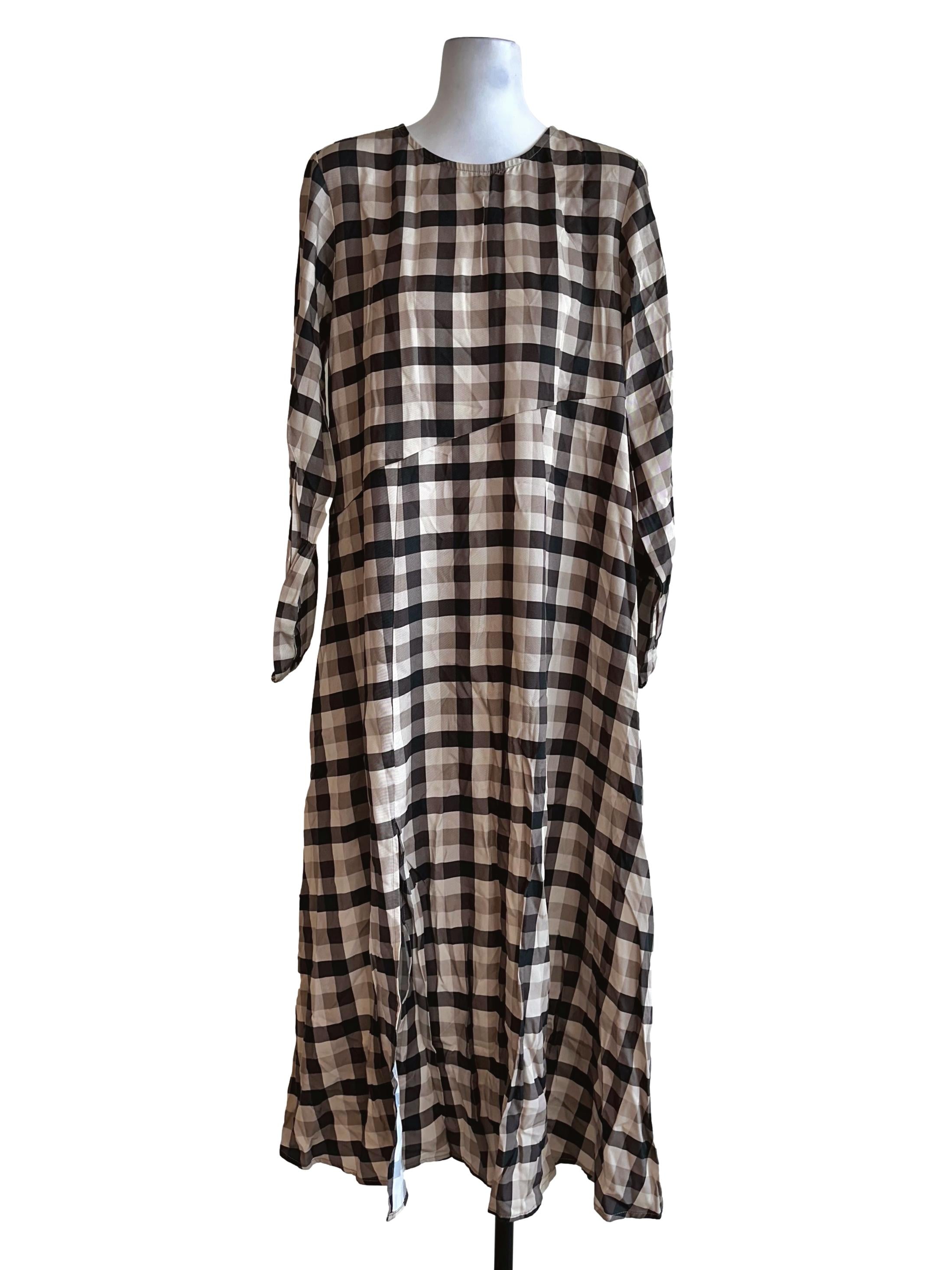 Brown Gingham Pattern Long Sleeves Dress