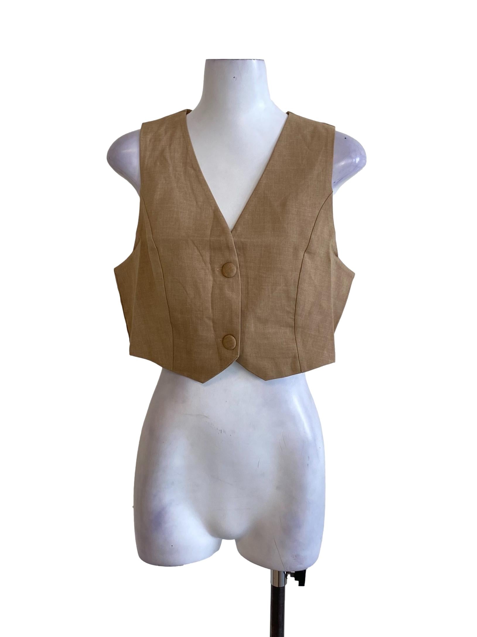 Sepia Brown Buttoned Down Sleeveless Cropped Vest