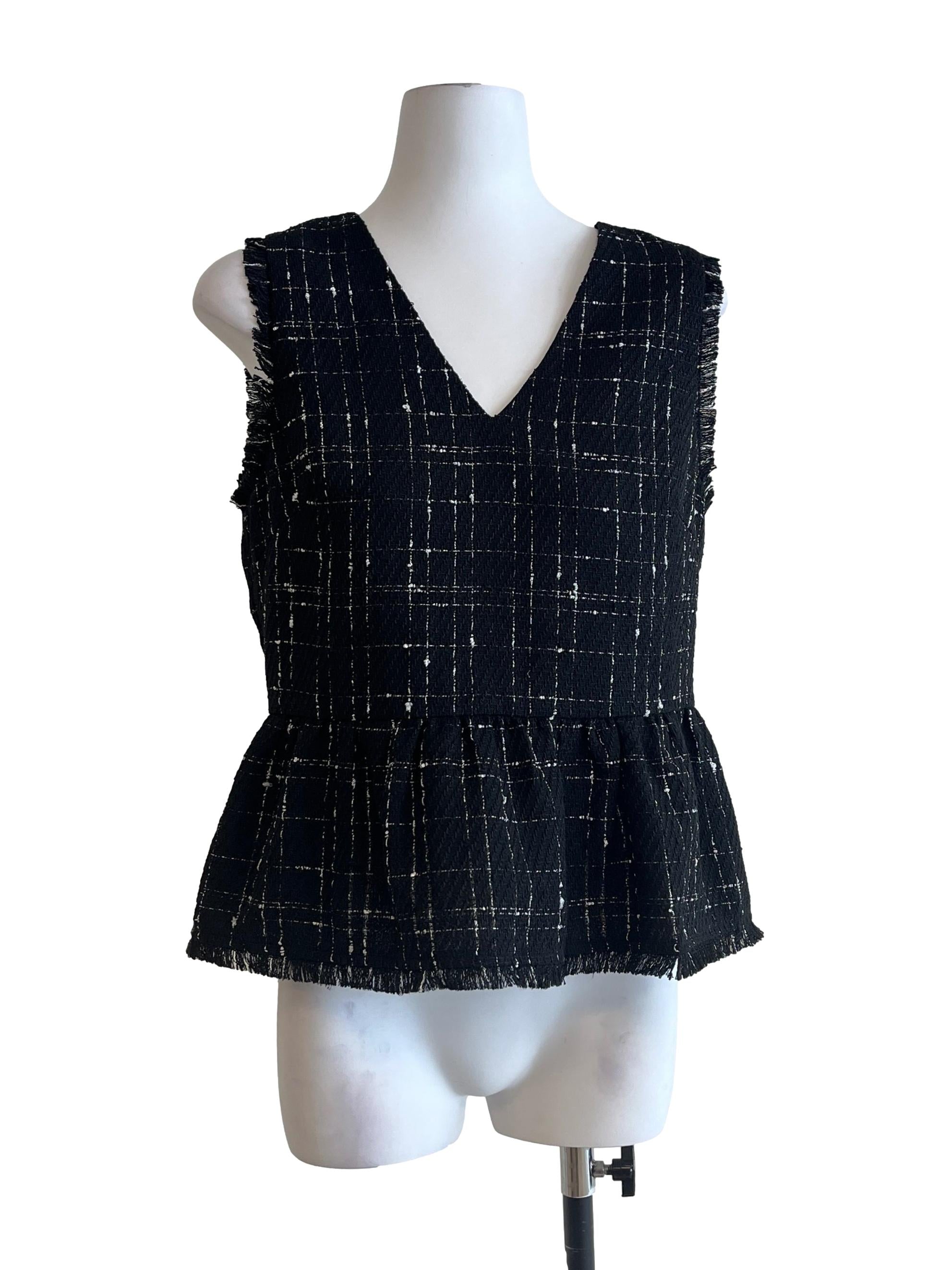 Jet Black V-Neck Tweed Sleeveless Top