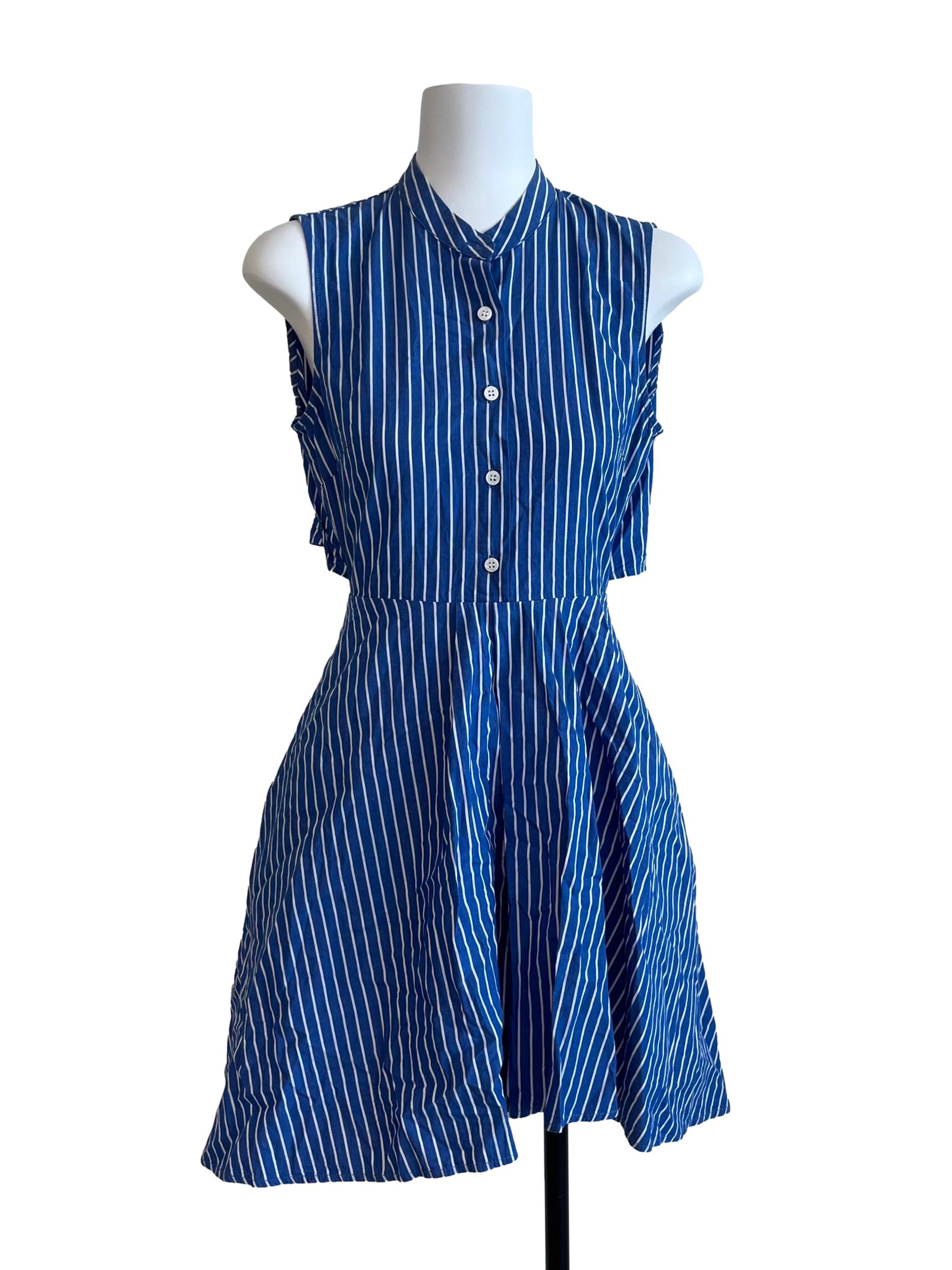 Blue And White Striped Cut Out Back Dress