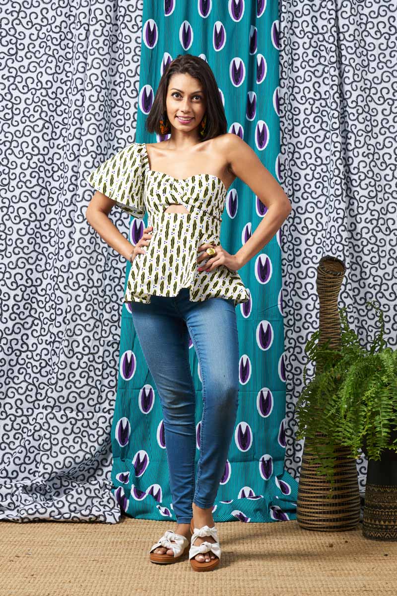 Mayeso One Shoulder Top In Blue And White - Multicolor CSN*