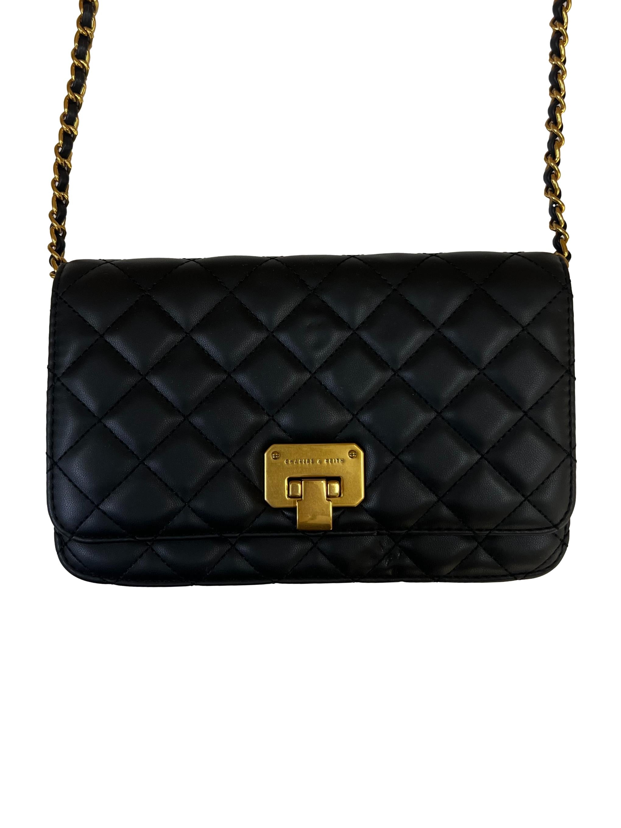 Black Quilted Flip Lock Clutch Crossbody Bag