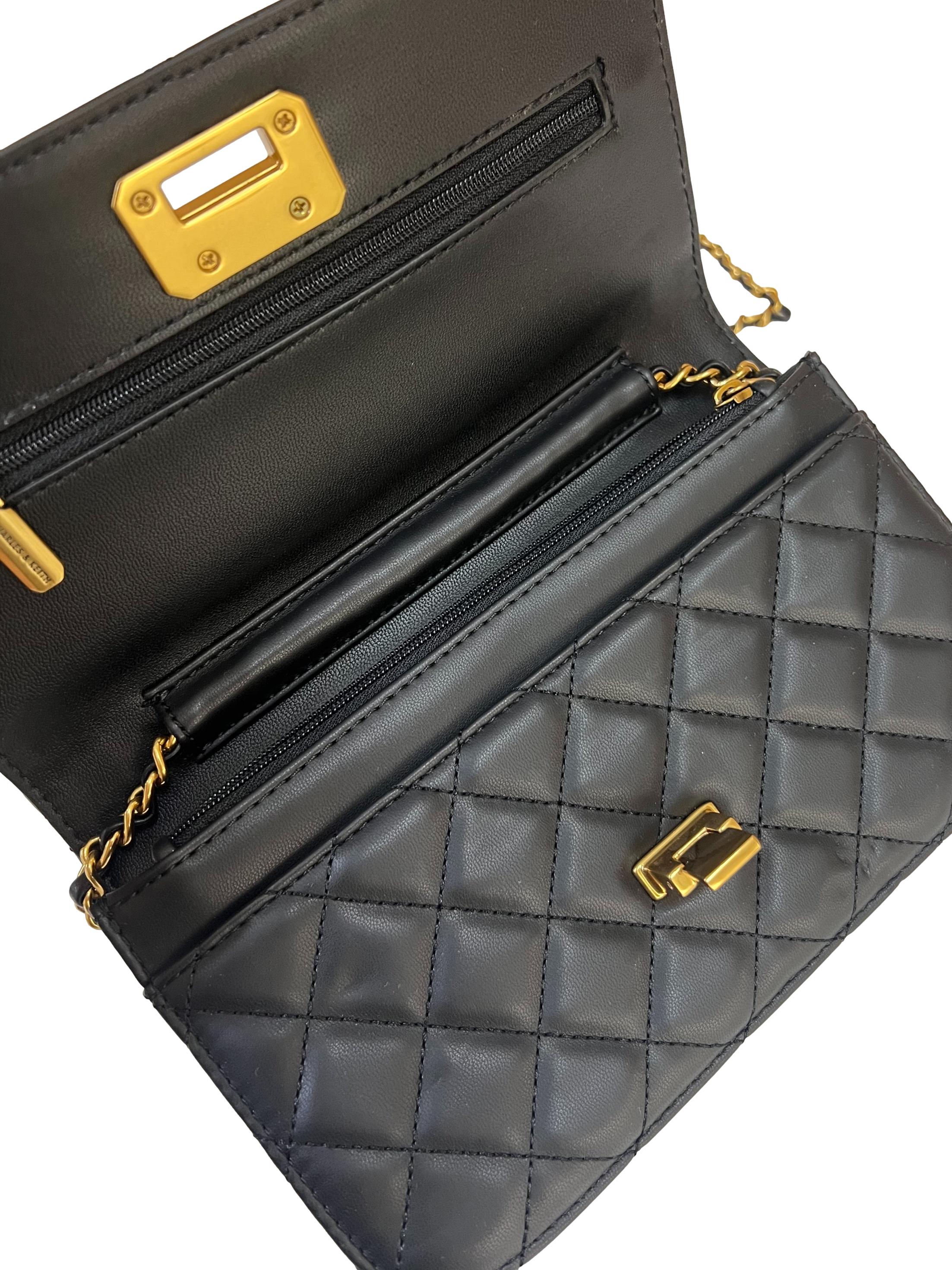 Black Quilted Flip Lock Clutch Crossbody Bag