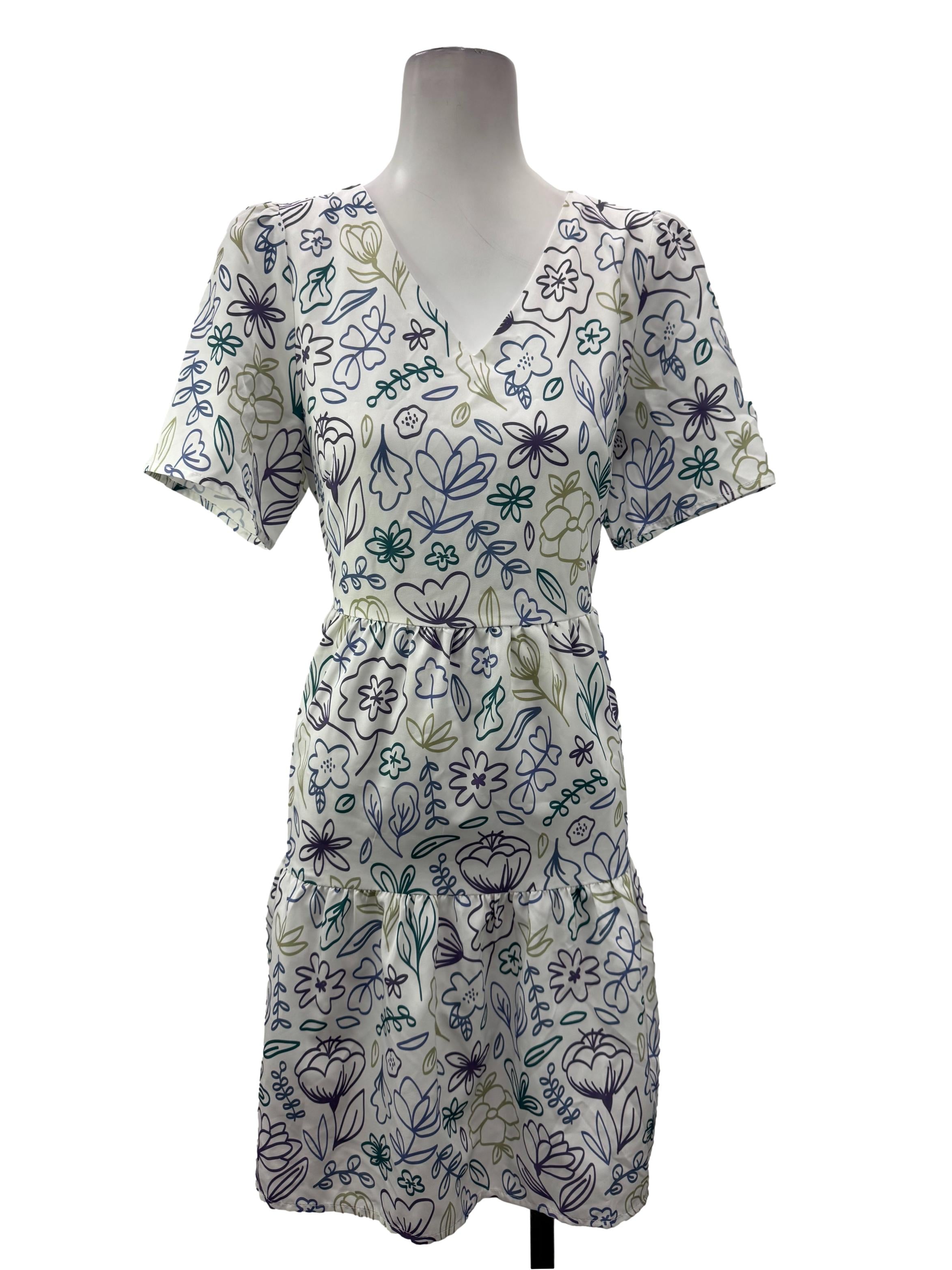 White Floral Print Tiered Mini Dress