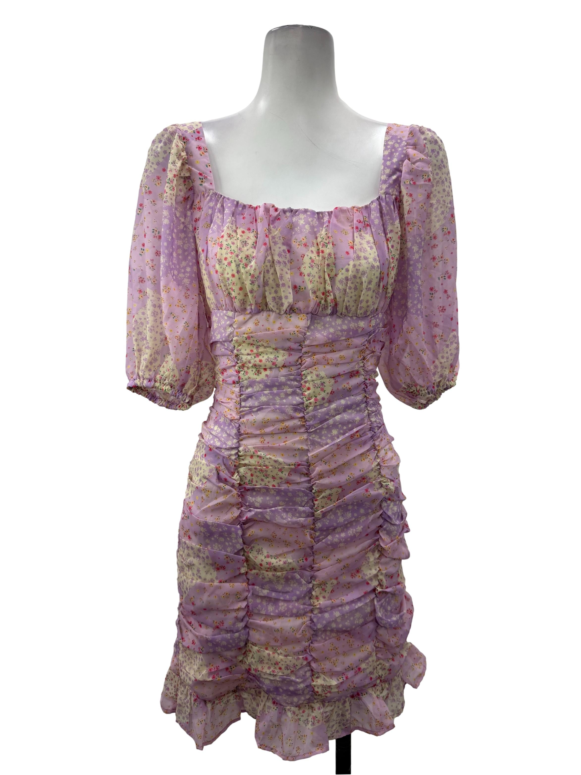 Lilac Floral Print Ruched Mini Dress