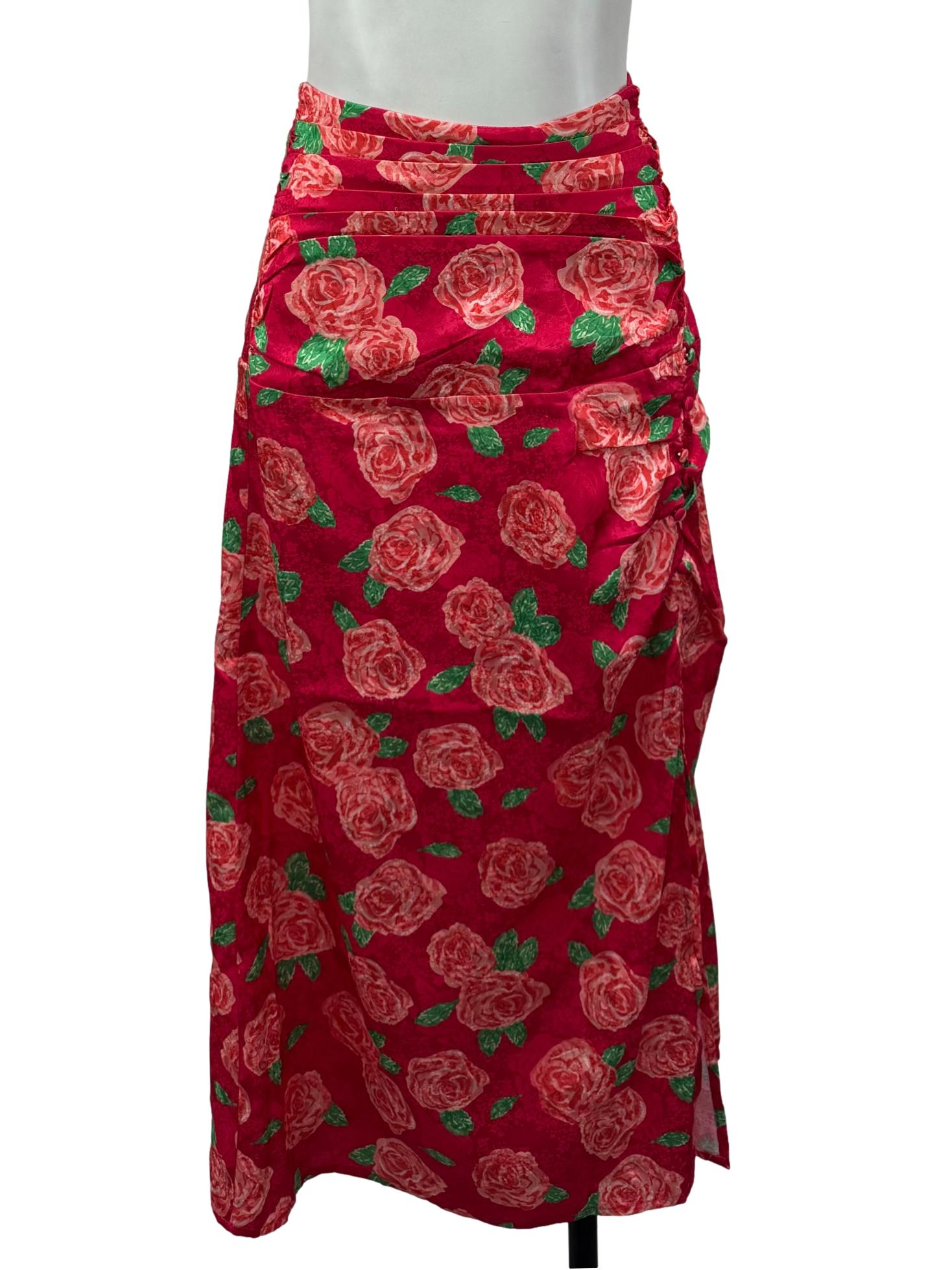 Red Rose Print Ruched Skirt