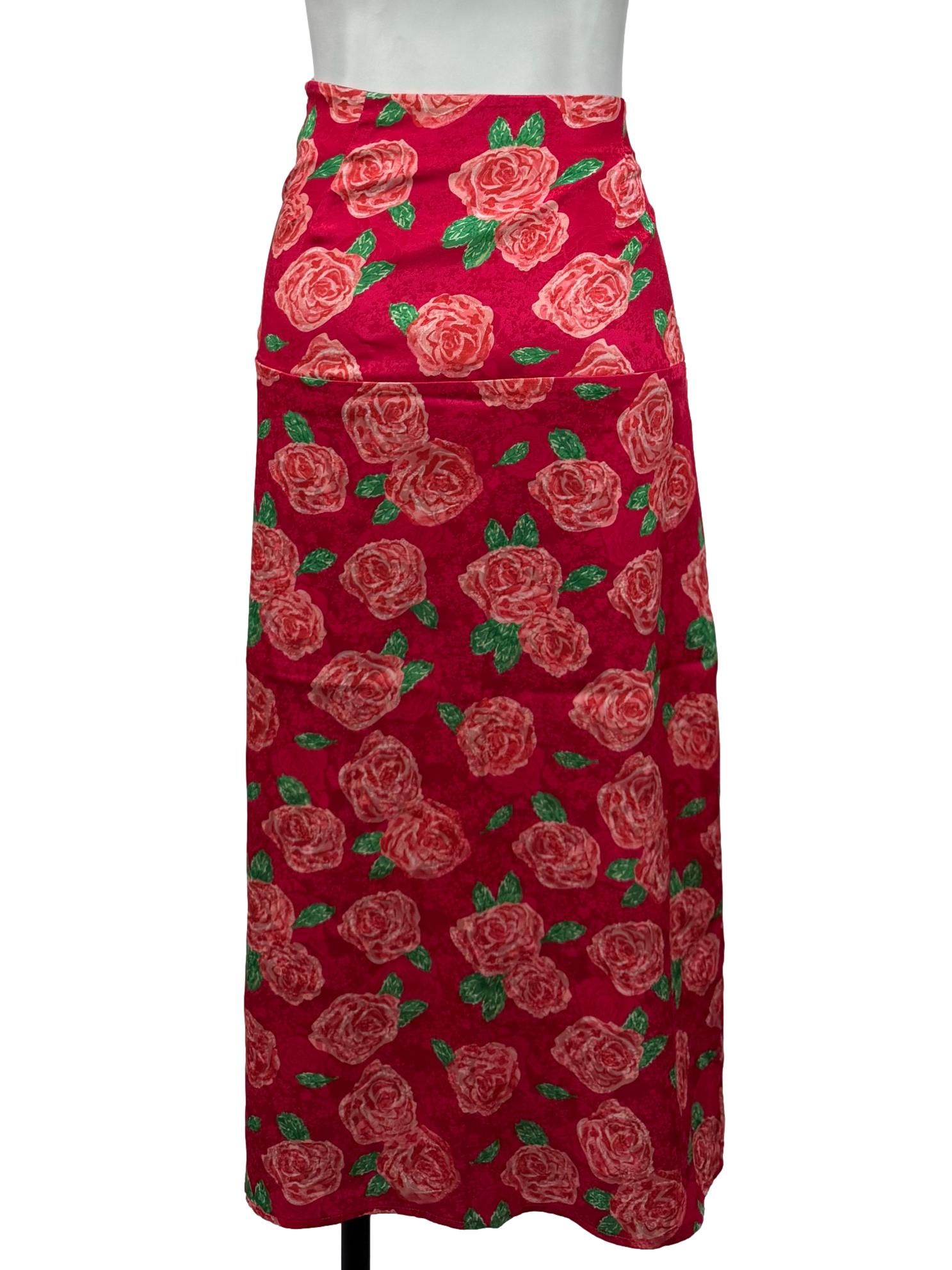 Red Rose Print Ruched Skirt