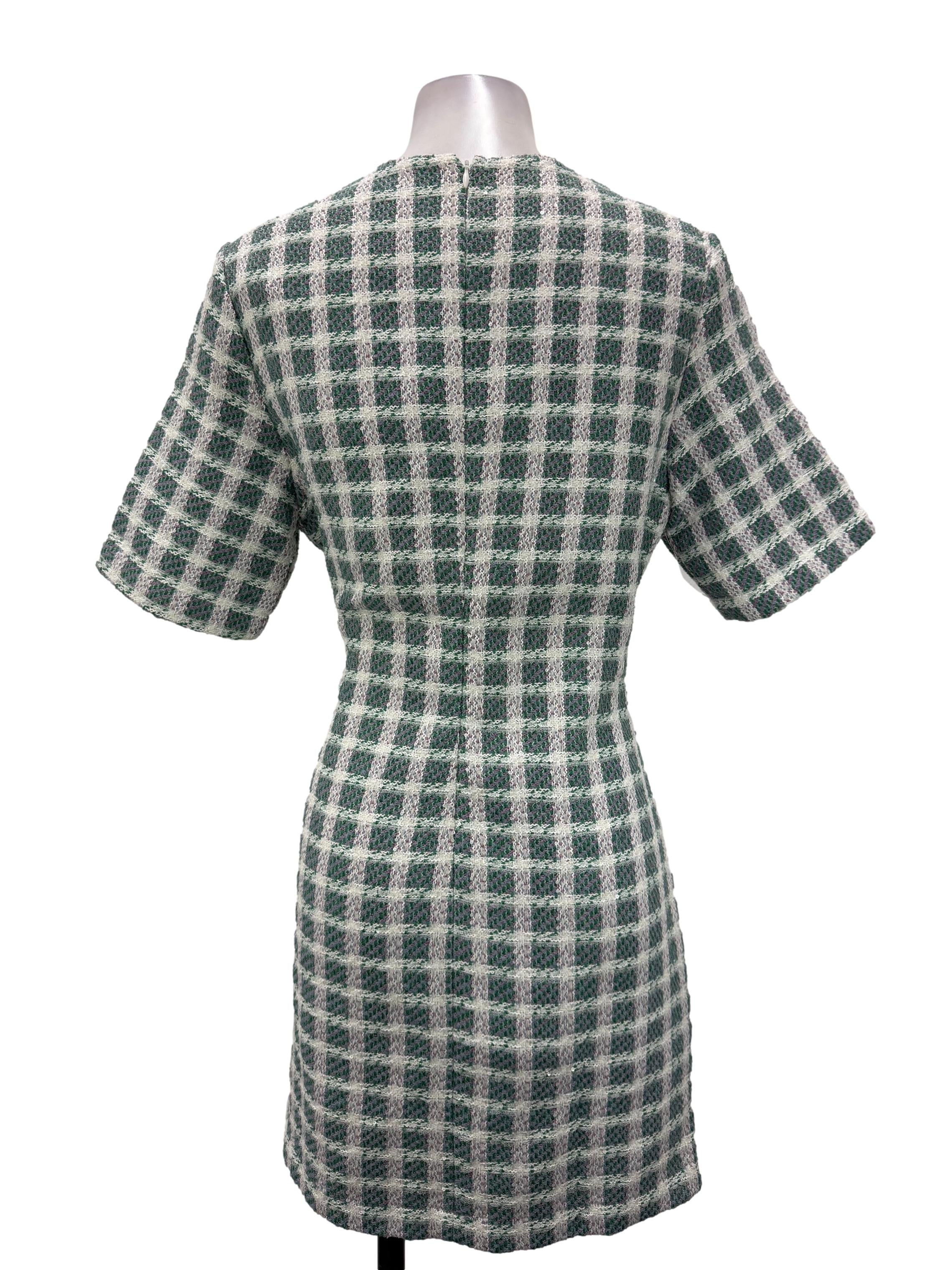 Green And White Textured Checkered Mini Dress