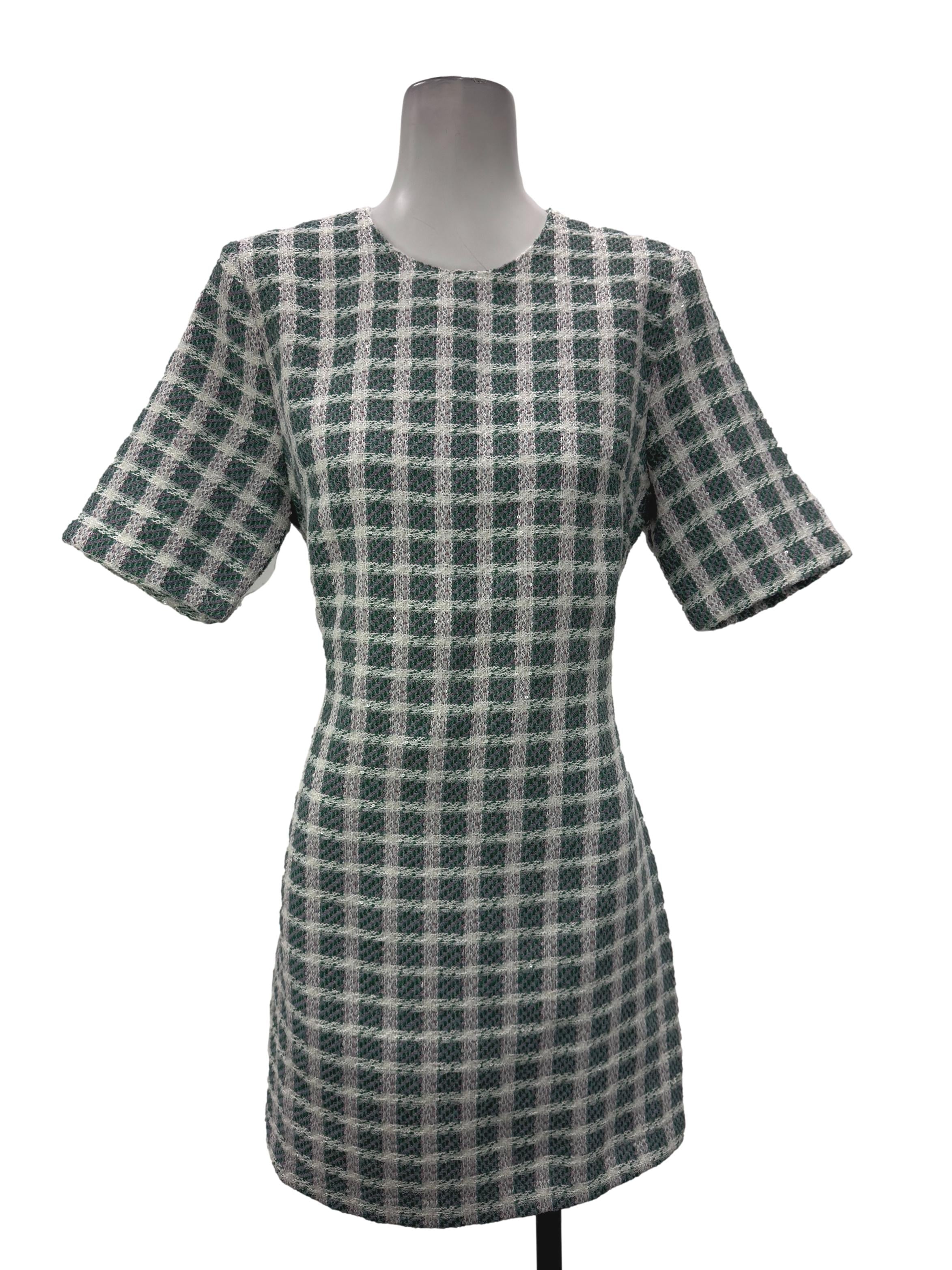 Green And White Textured Checkered Mini Dress