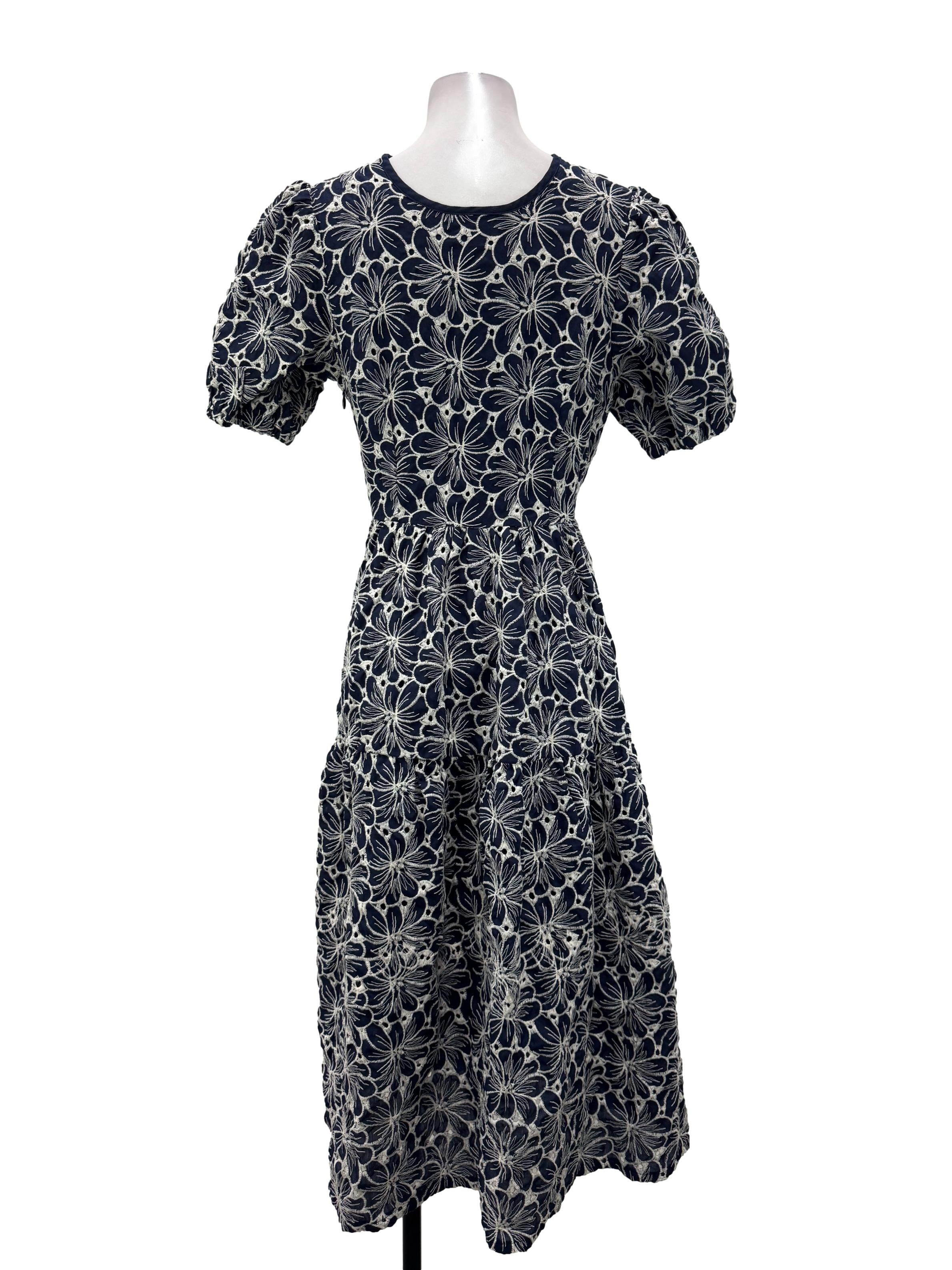 Navy Blue And White Floral Embroidered Dress