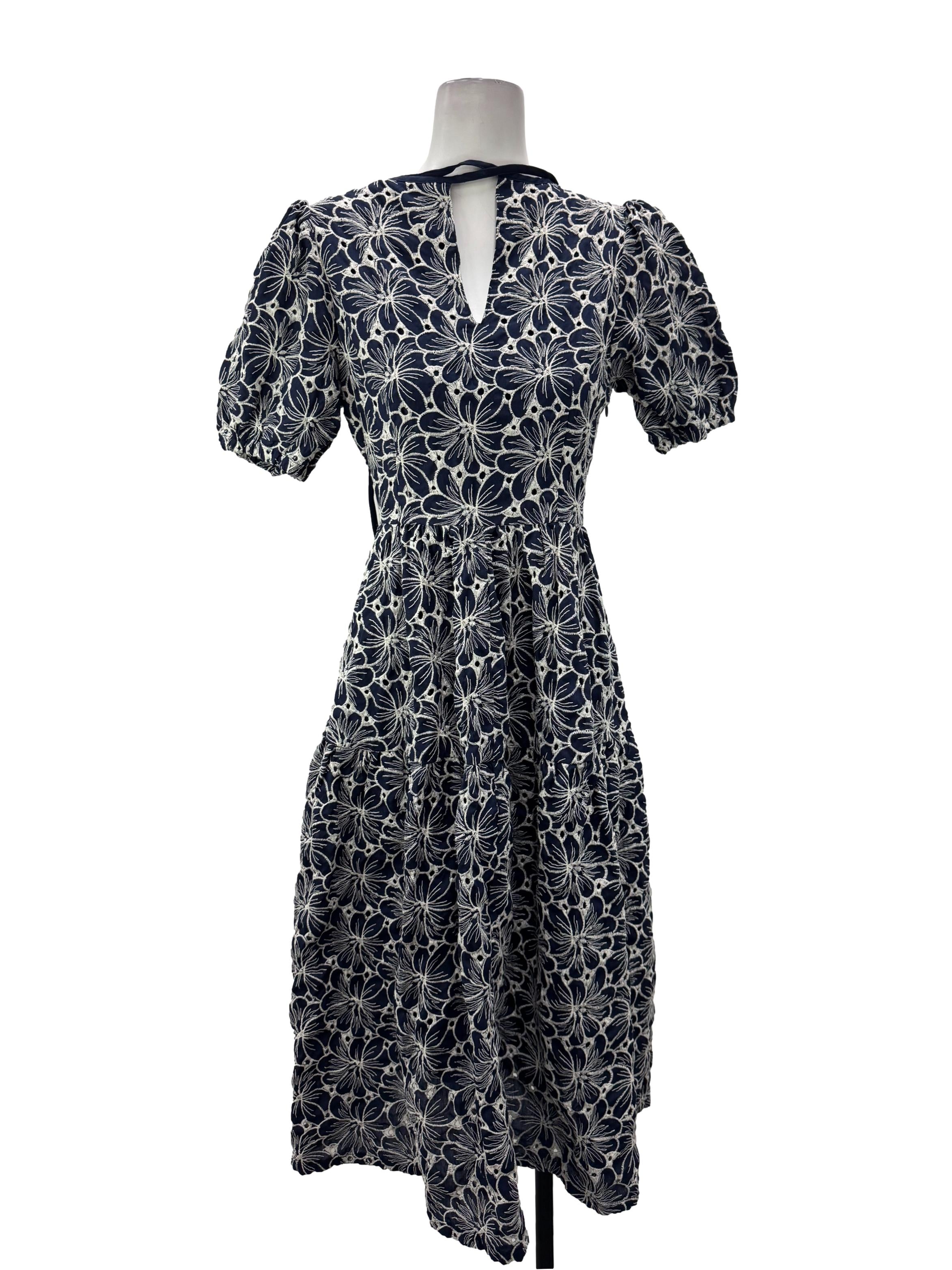 Navy Blue And White Floral Embroidered Dress