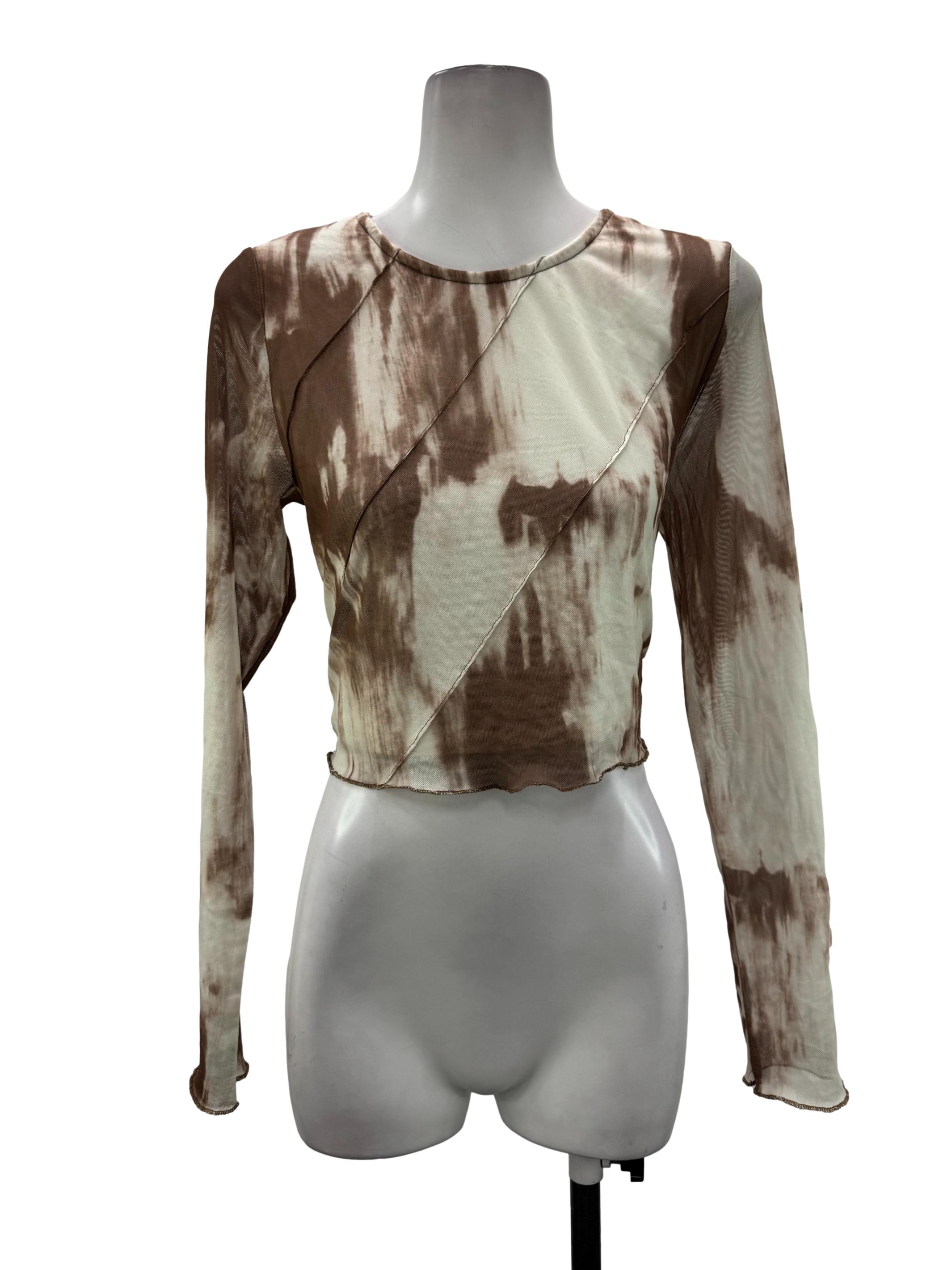 Brown And Beige Tie-Dye Mesh Long Sleeve Top