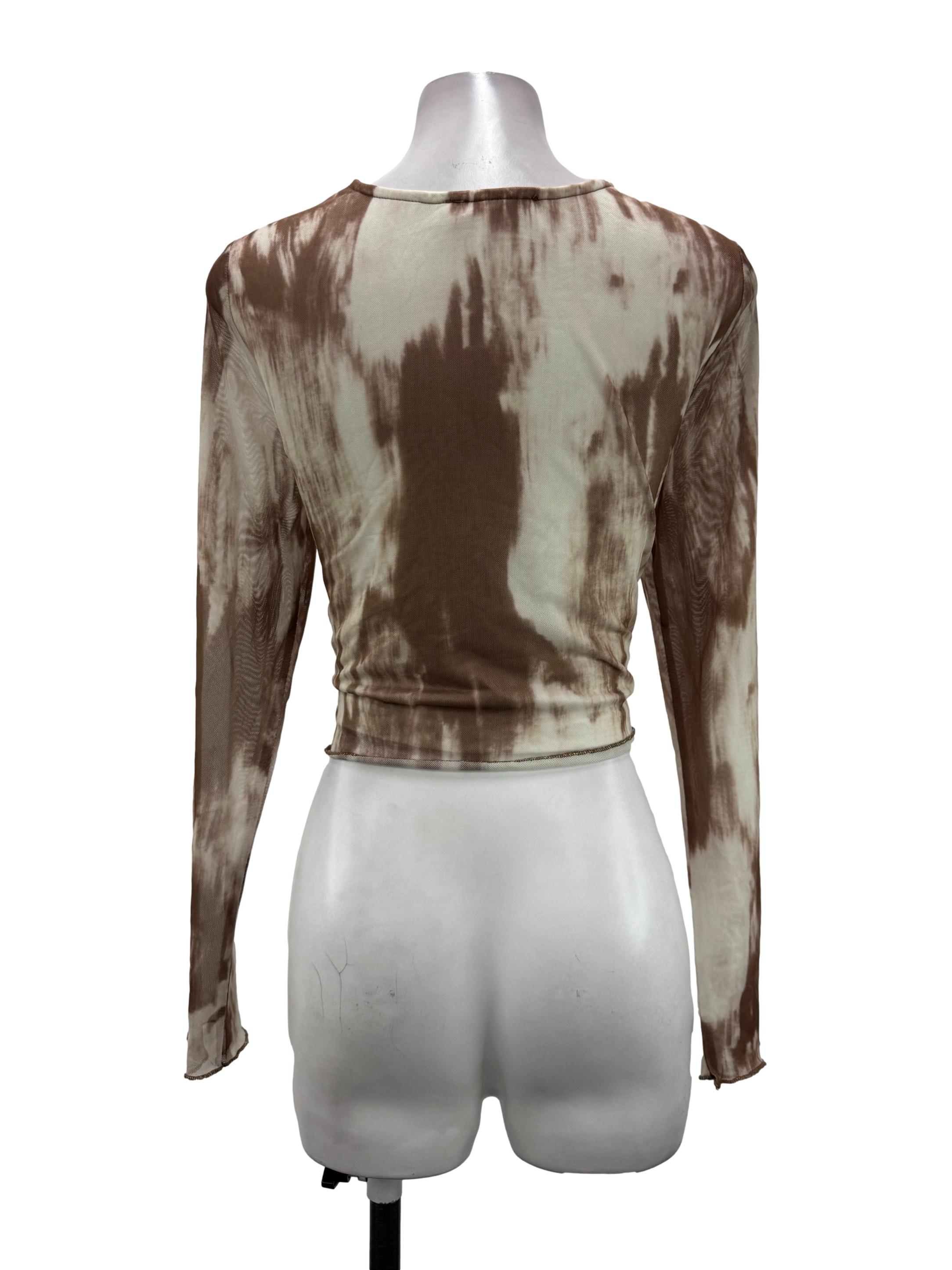 Brown And Beige Tie-Dye Mesh Long Sleeve Top