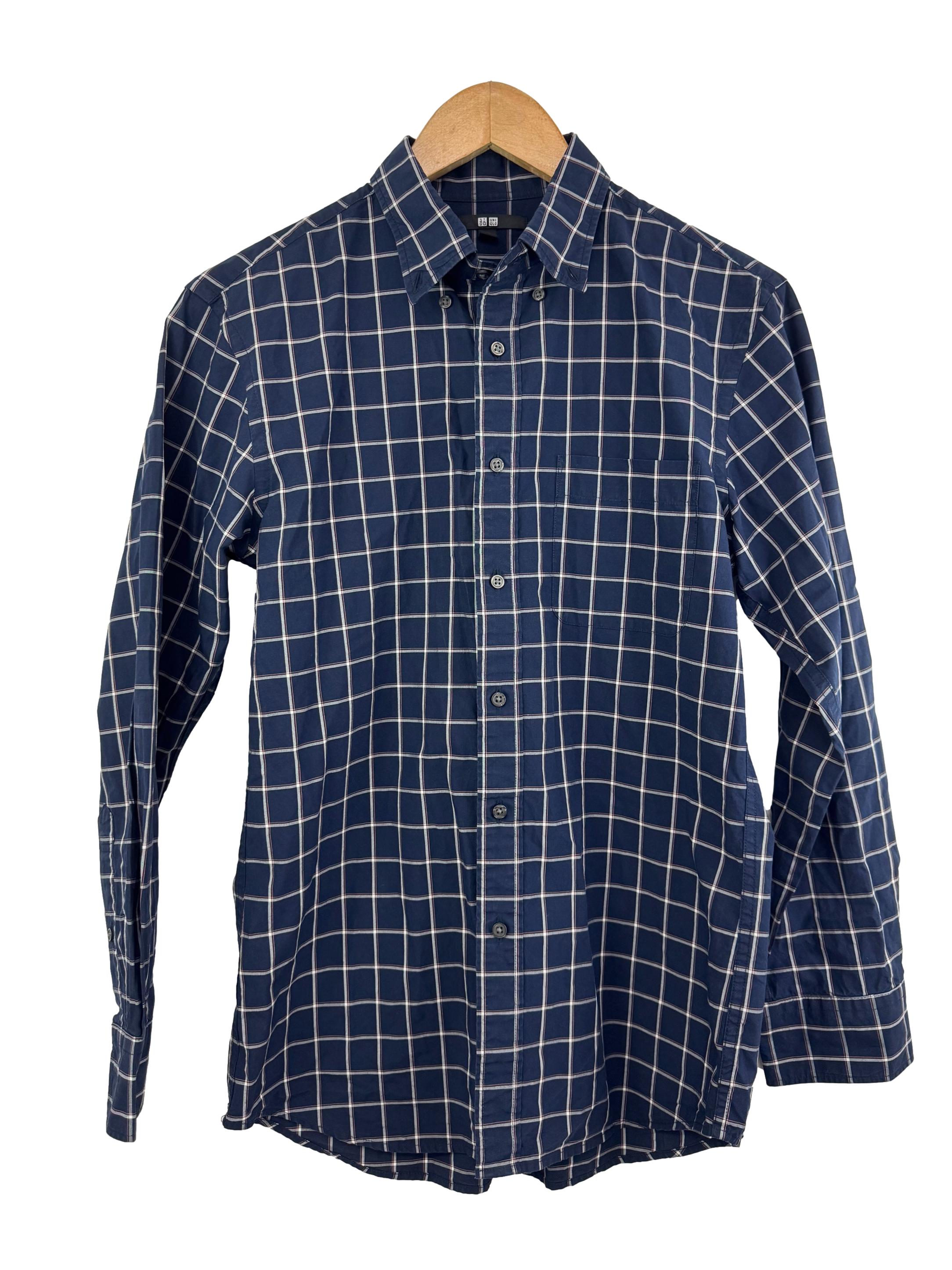 Navy And White Plaid Long Sleeve Button Down Shirt