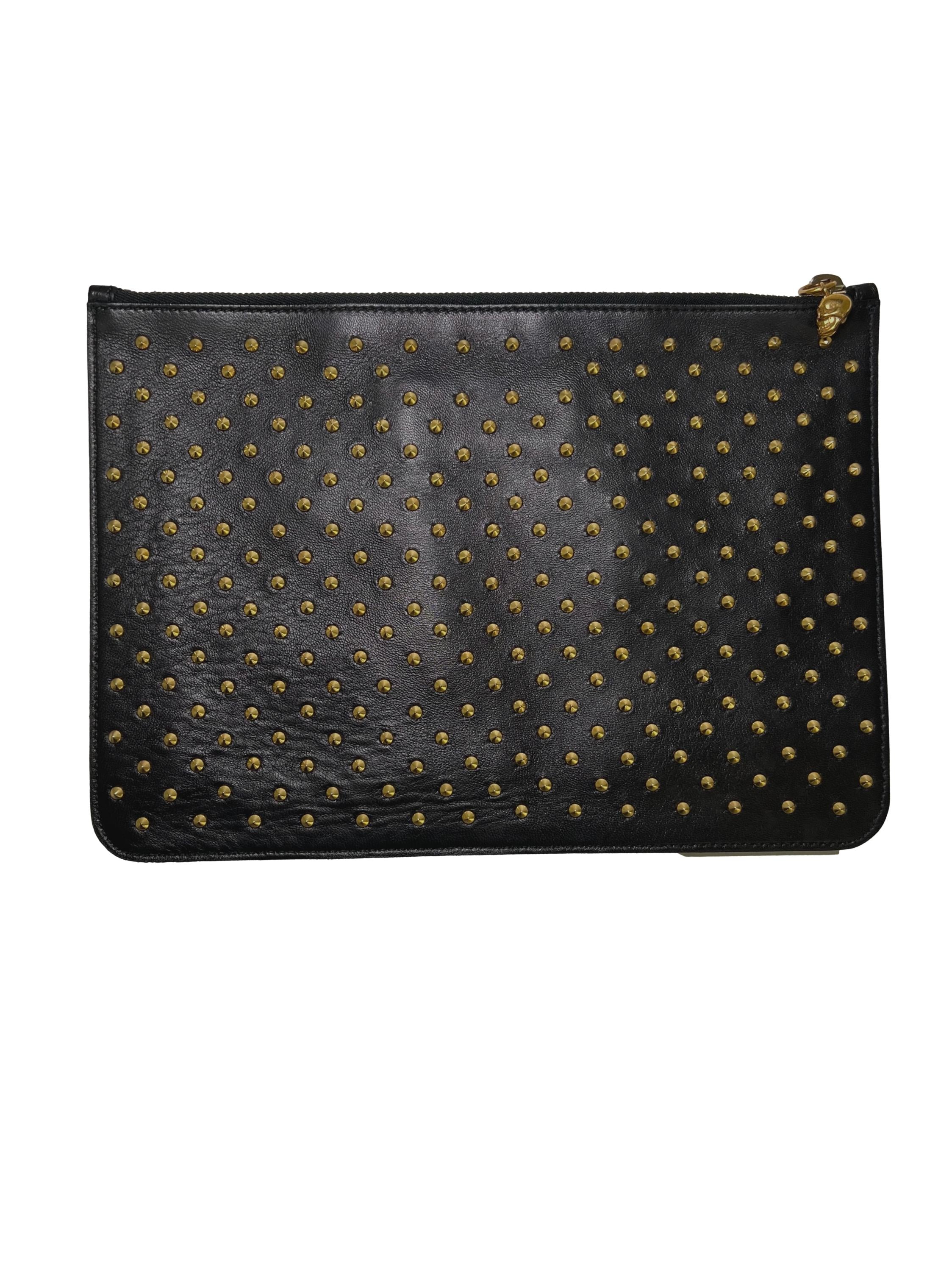 Black Leather Studded Skull Zip Clutch CSN