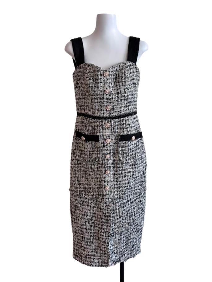 Black Sweetheart Neck Tweed Dress