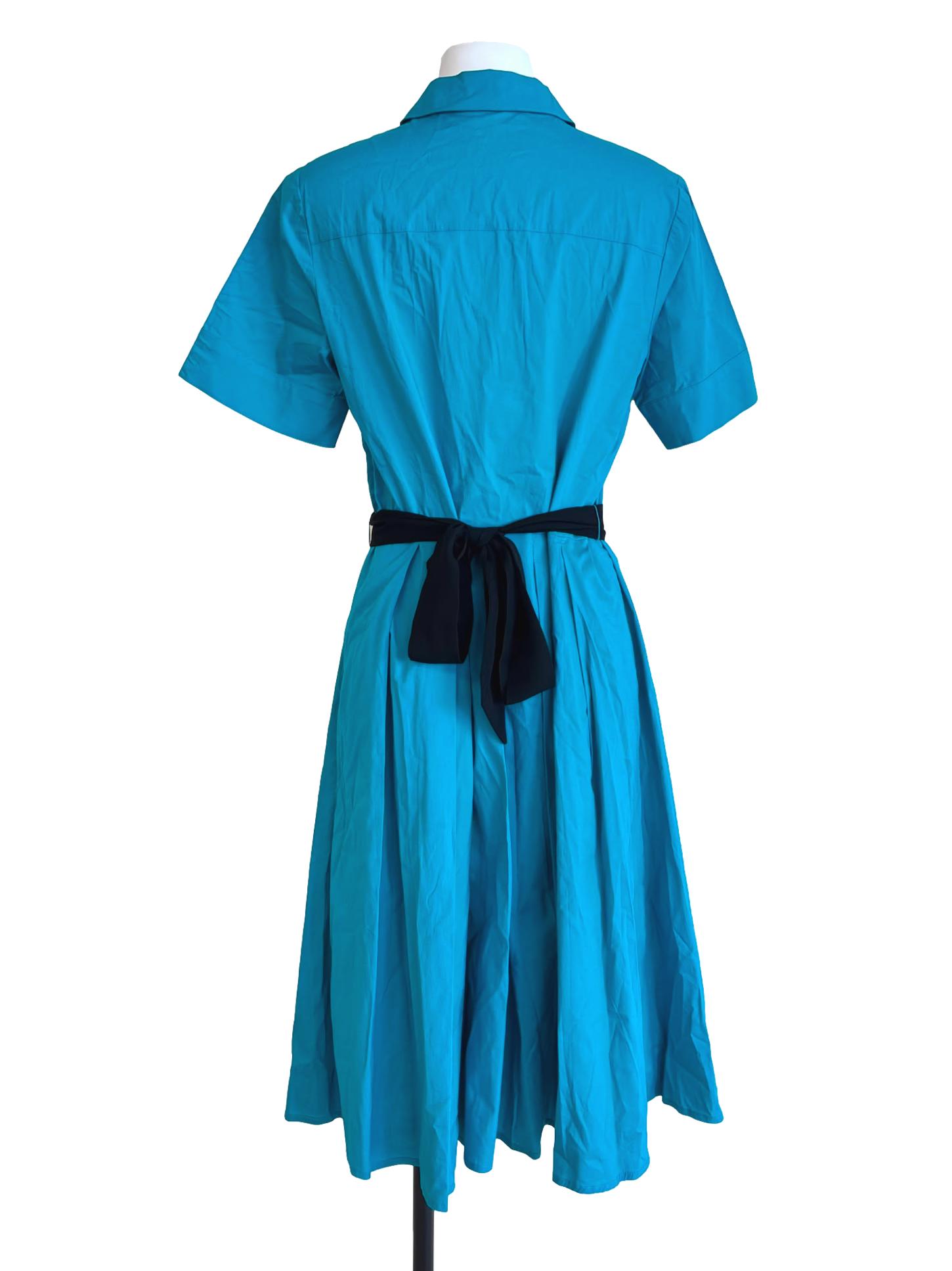 Teal Blue Pleated Belted Dress