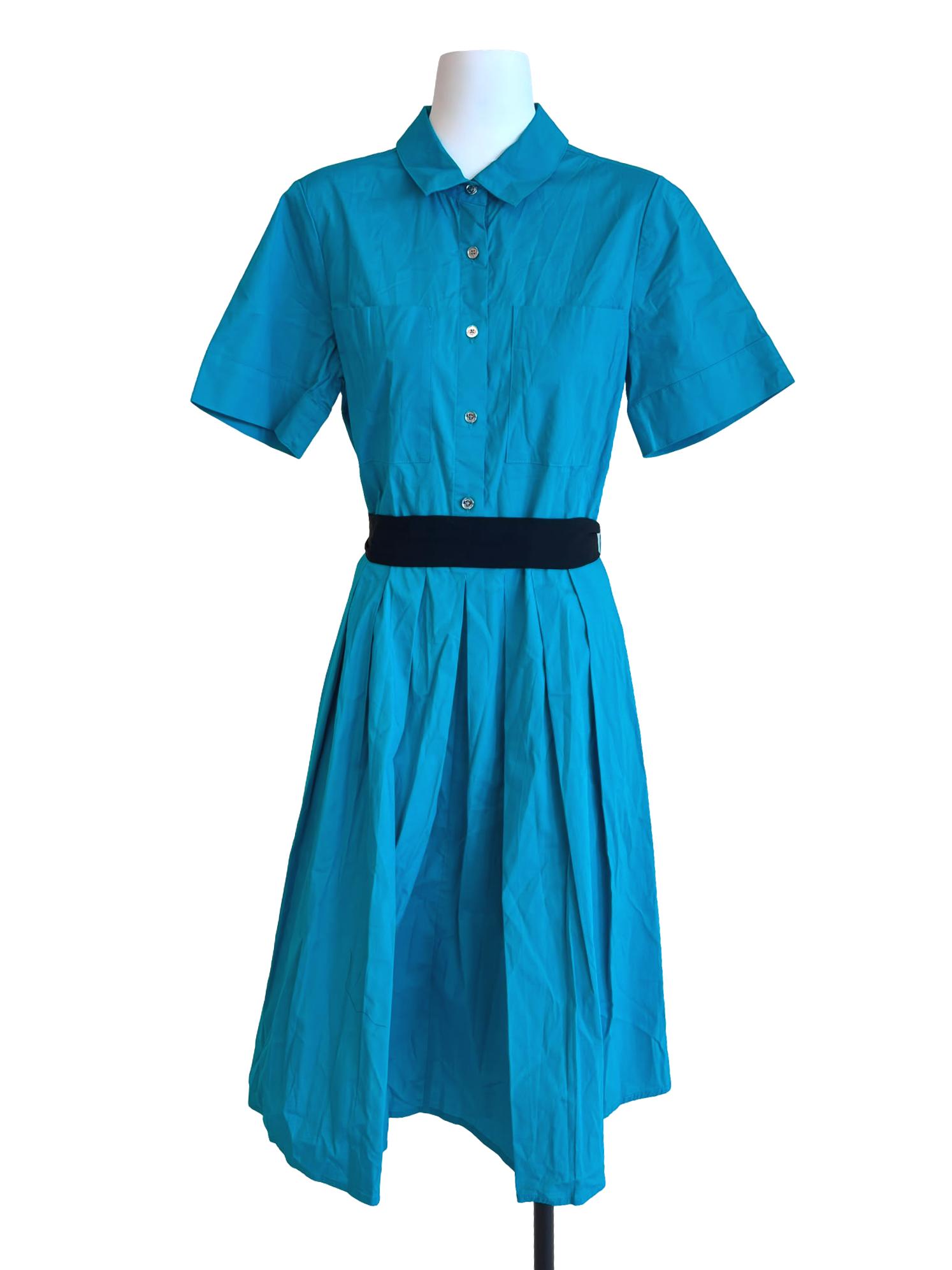 Teal Blue Pleated Belted Dress