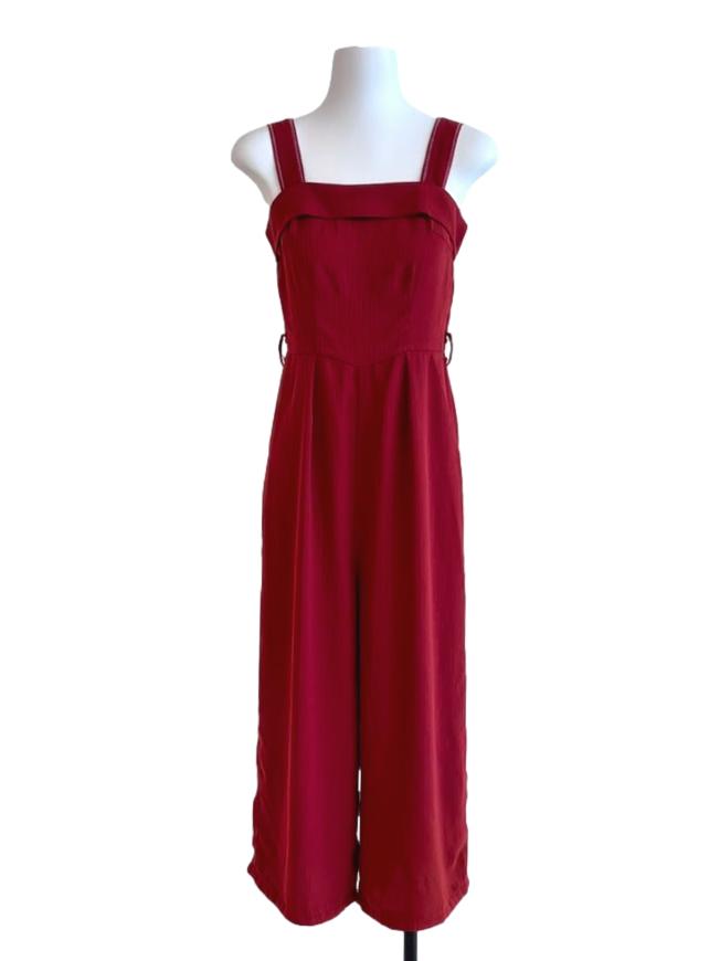 Ruby Red Square Neck Deco Striped Jumpsuit