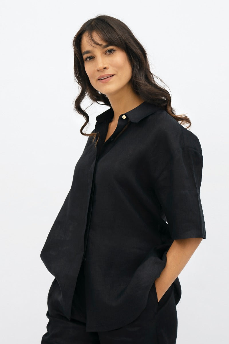 Seville Linen Short Sleeves Shirt In Licorice CSN