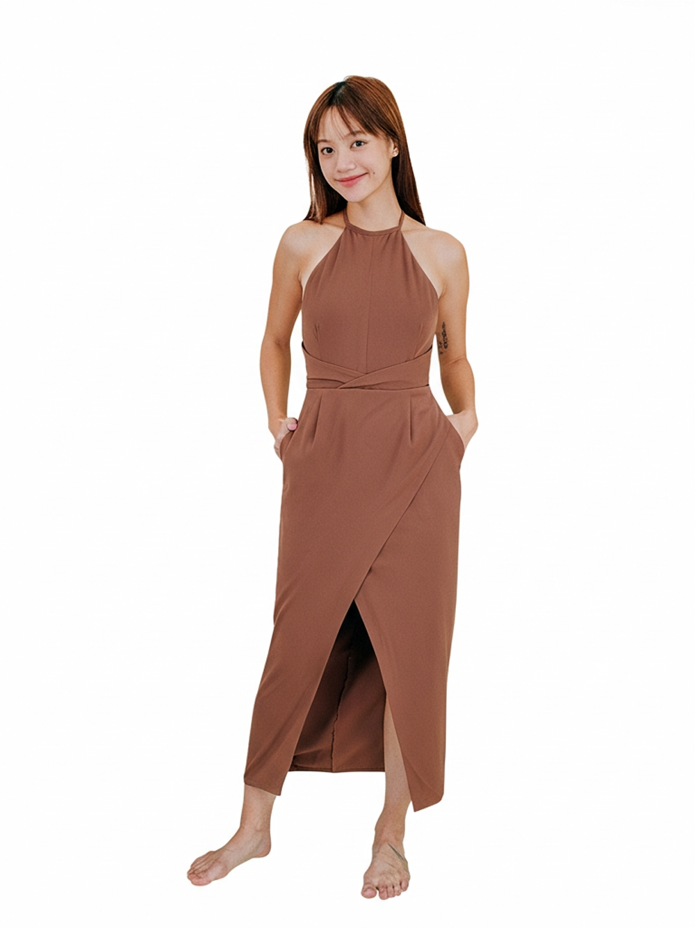 Clay Brown Halter Neck Slit Bodycon Dress