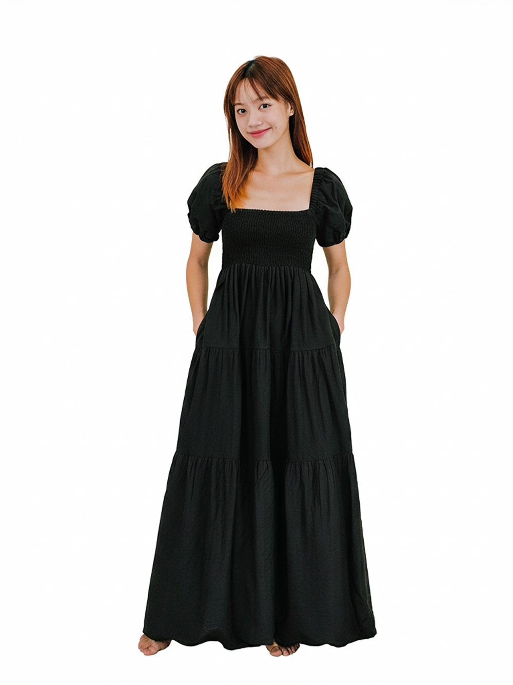 Blacked Smoked Queen Anne Neck Long Dress
