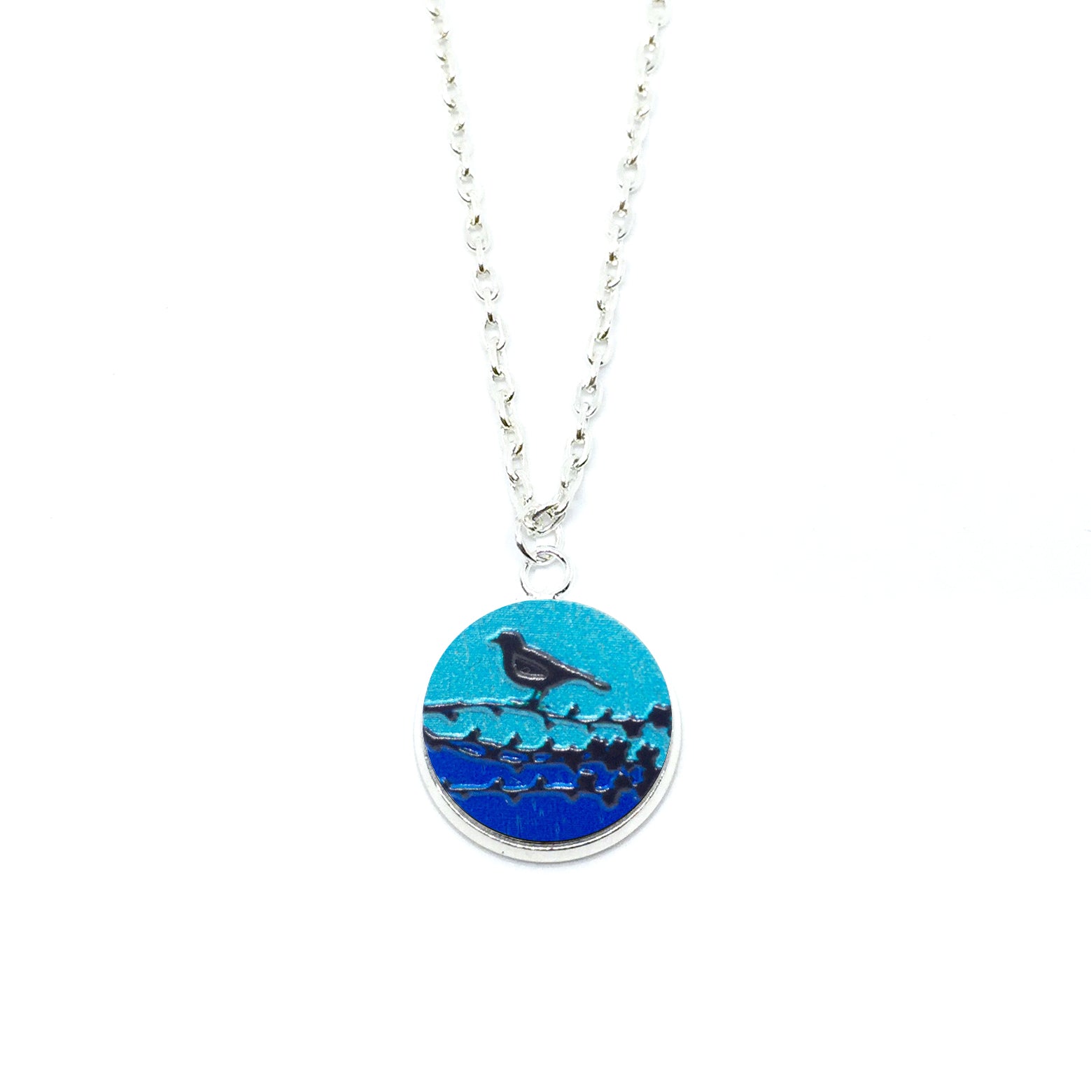 Bird On A Branch Blue Wood Pendant Necklace - LM