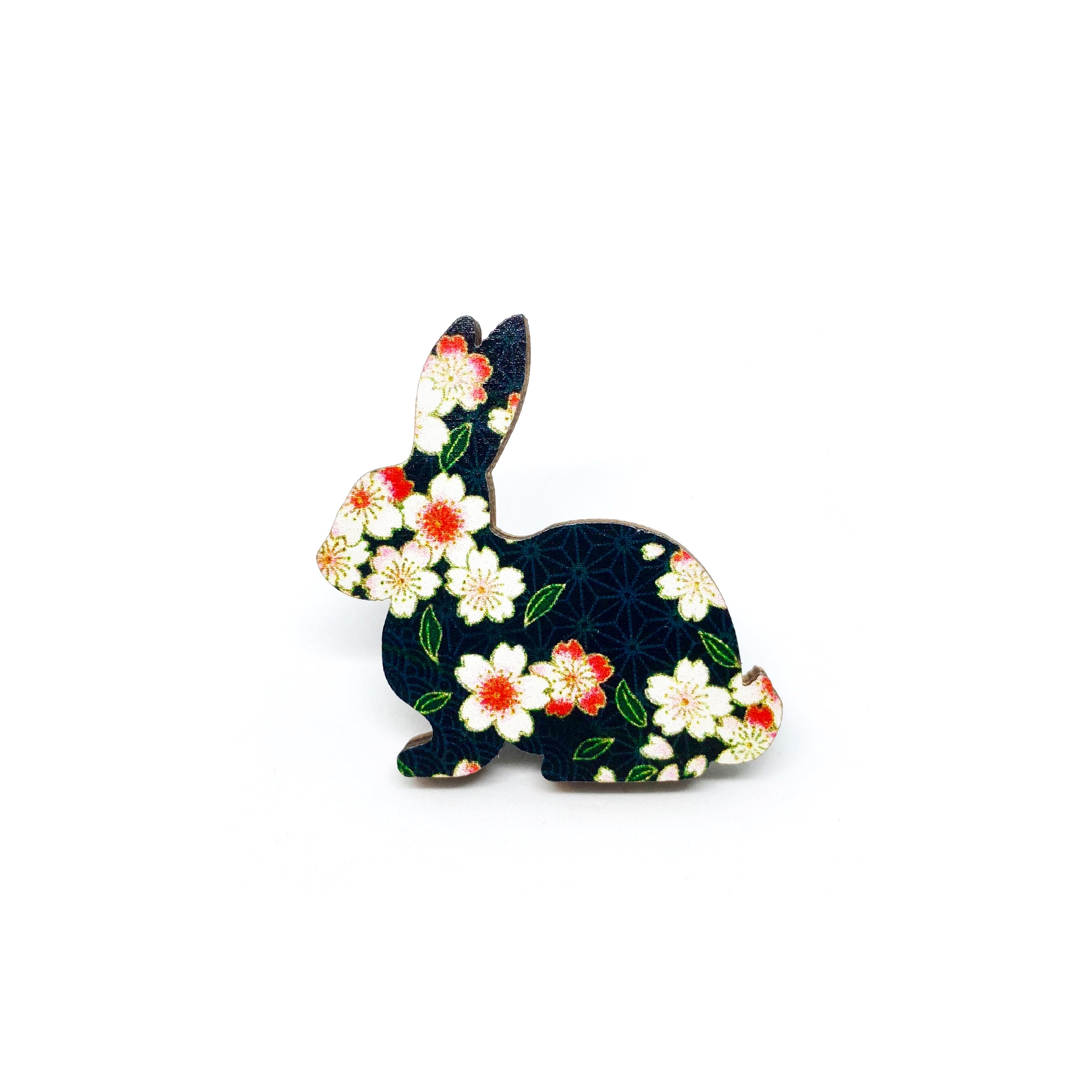 Black Floral Rabbit Wooden Brooch Pin - LM