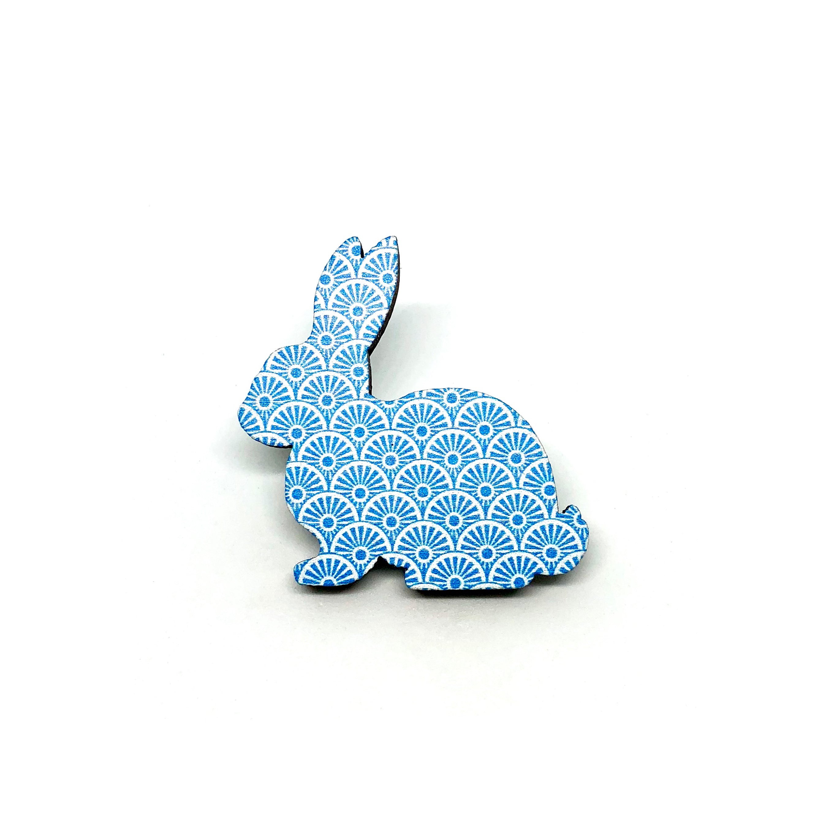 Blue Wheels Rabbit Wooden Brooch Pin - LM