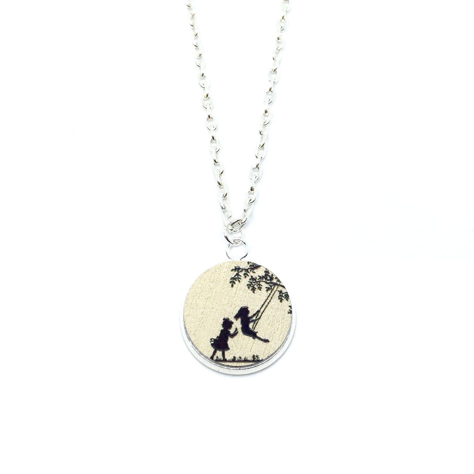 Girls Playing On Swing Wood Pendant Necklace - LM