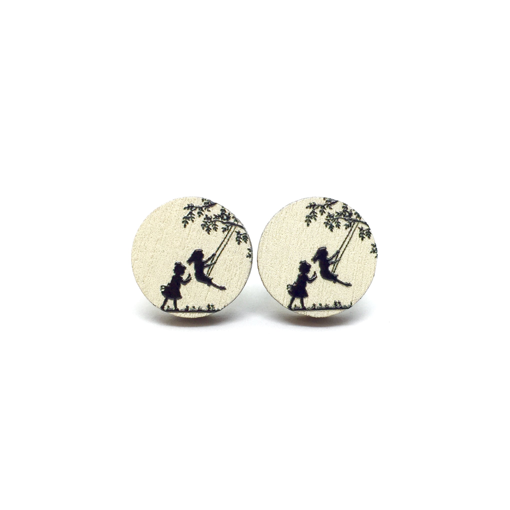 Girls Playing On Swing Wooden Earrings - LM