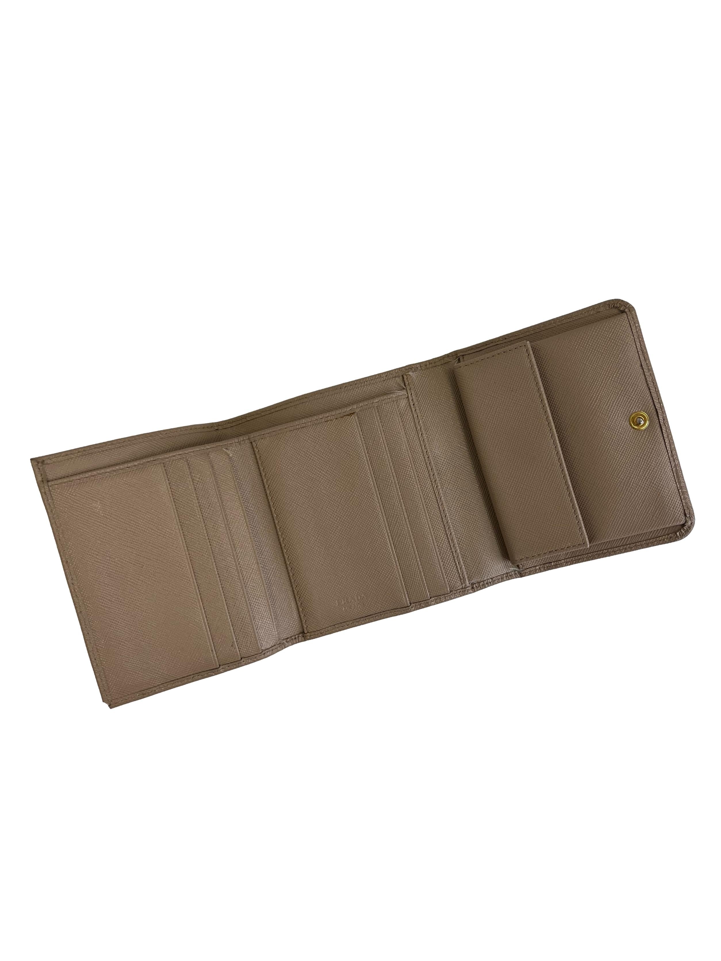 Beige Saffiano Leather Tri-Fold Wallet