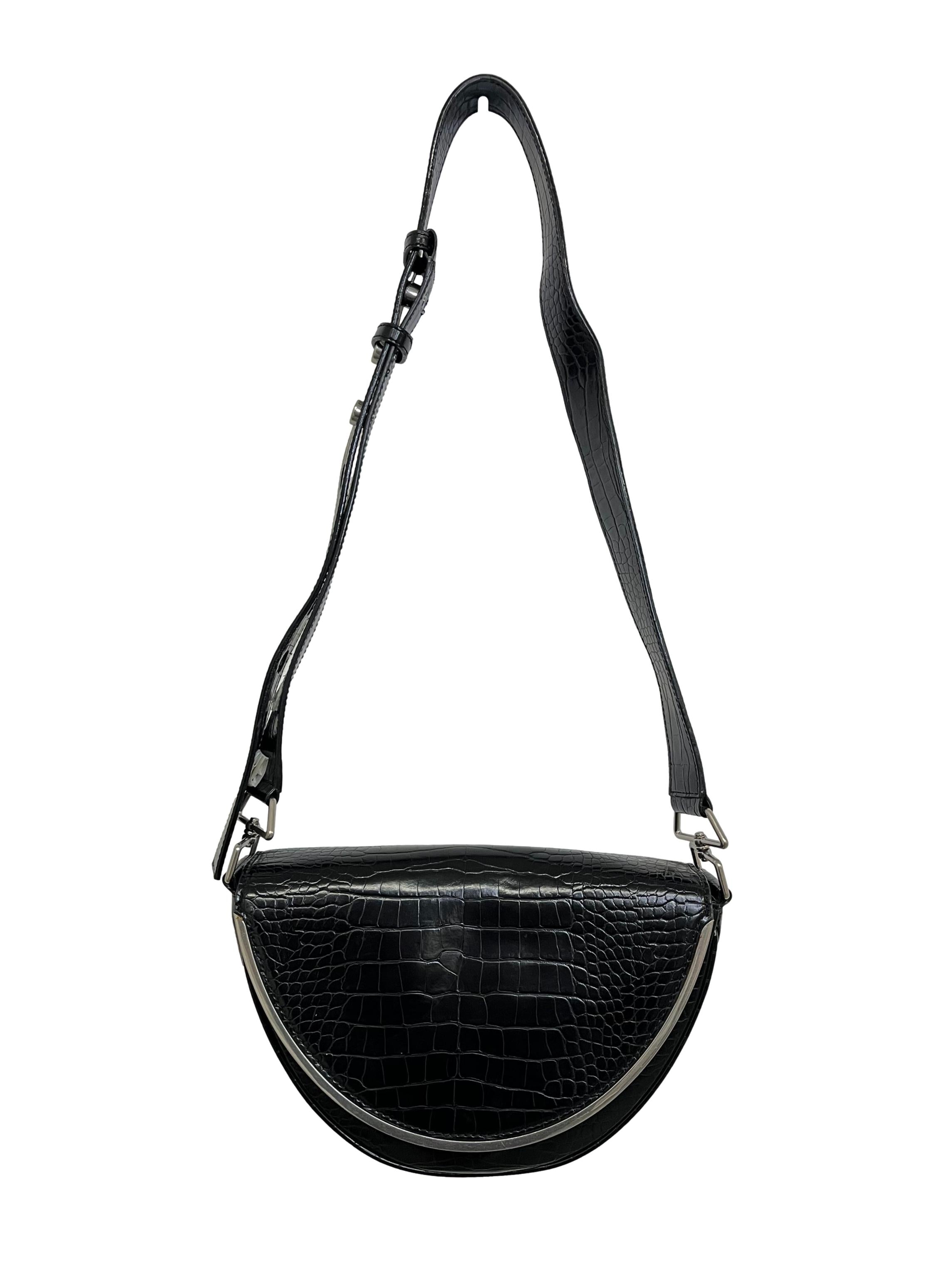 Black Croc-Effect Semi-Circle Crossbody Bag