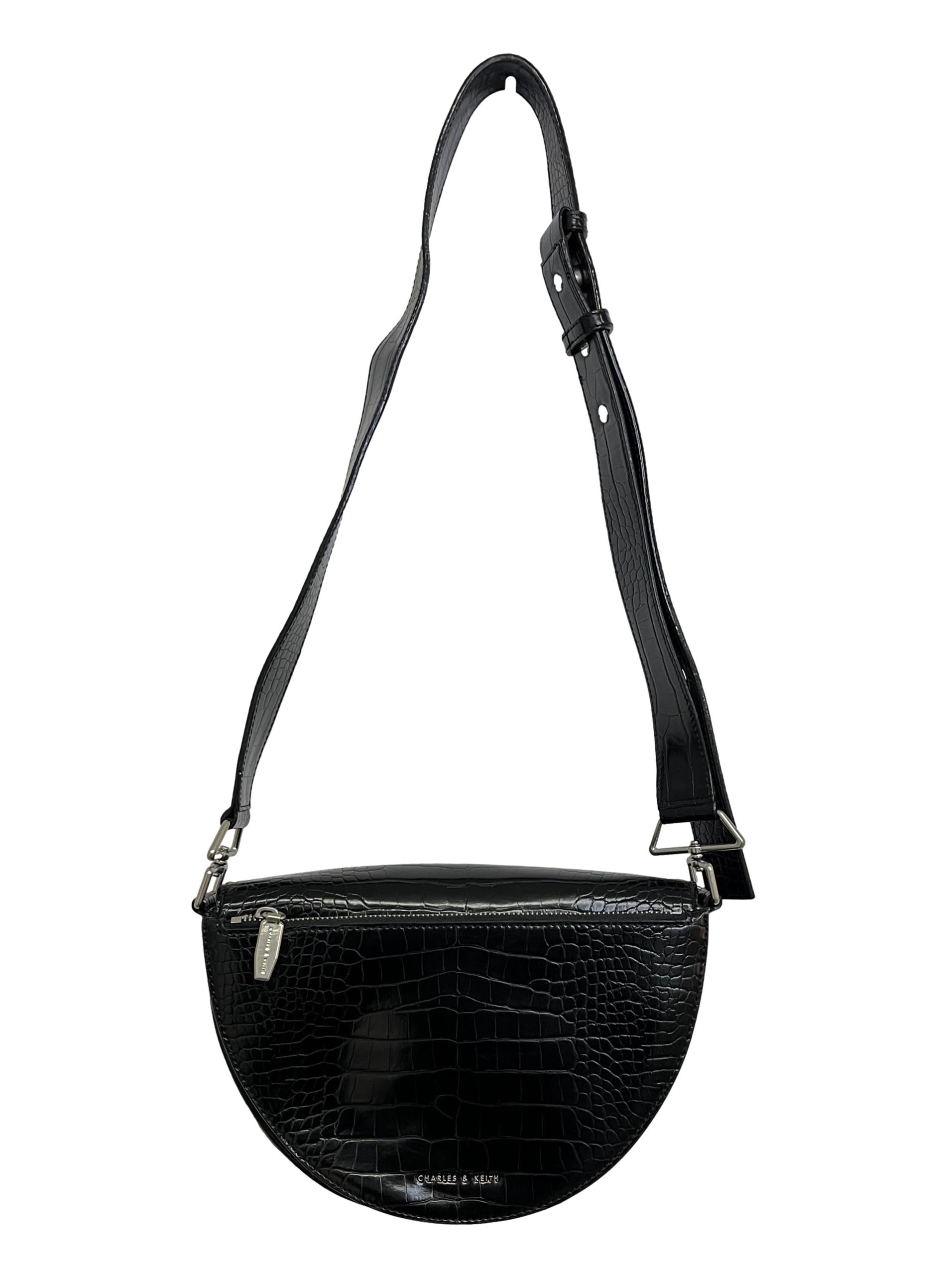 Black Croc-Effect Semi-Circle Crossbody Bag