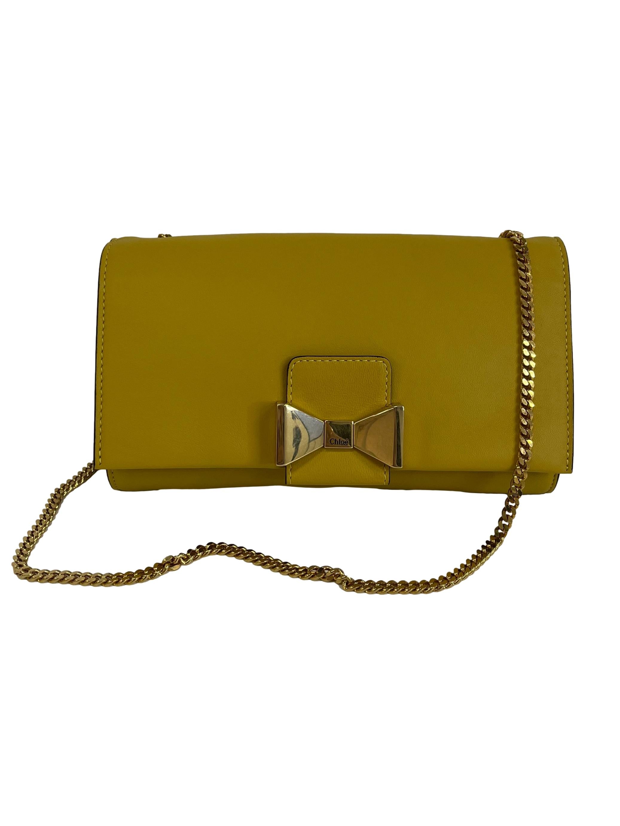 Golden Yellow Bow Detail Clutch Crossbody Bag