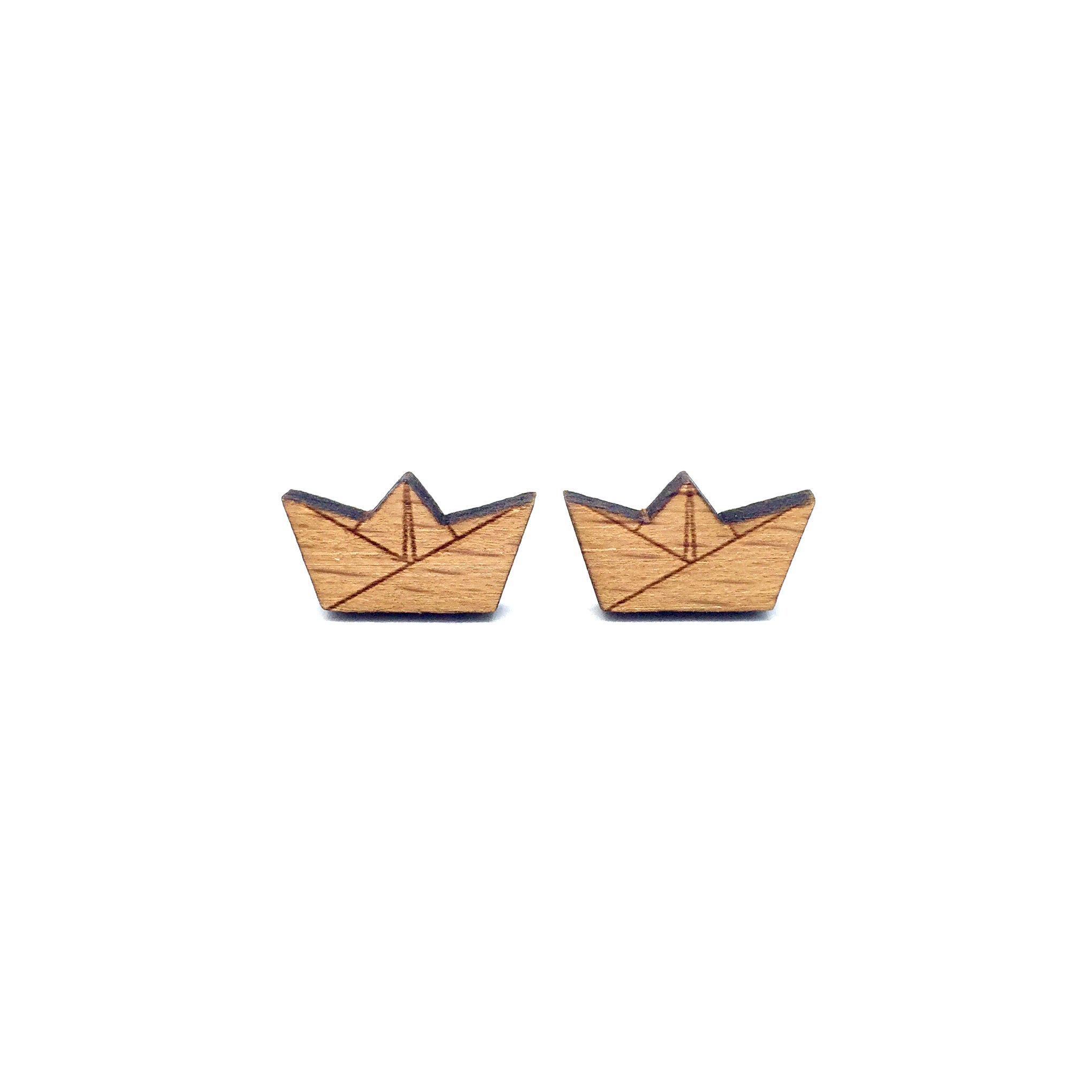 Origami Paper Boat Laser Cut Wood Earrings - LM