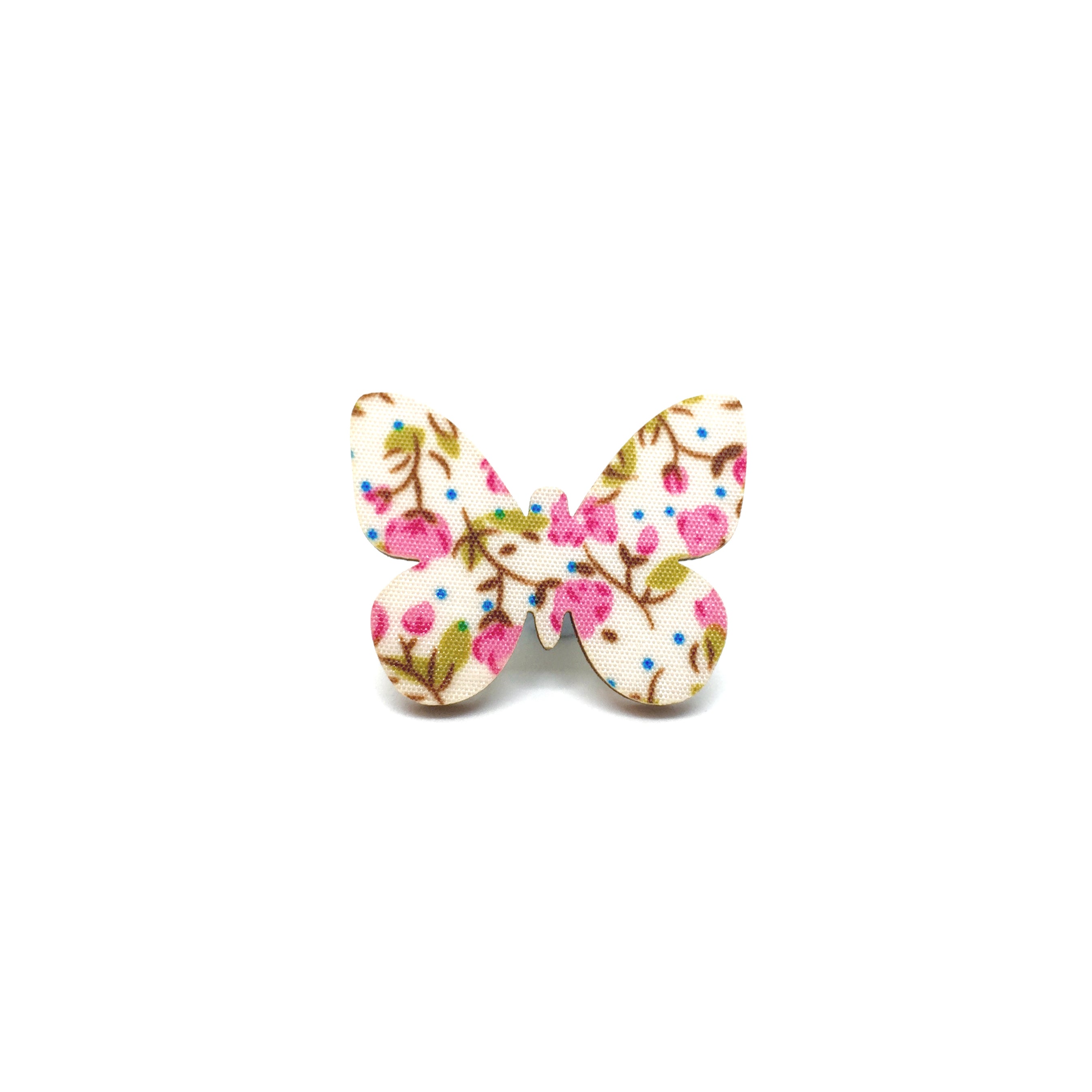 Pink Floral Butterfly Wooden Brooch Pin - LM