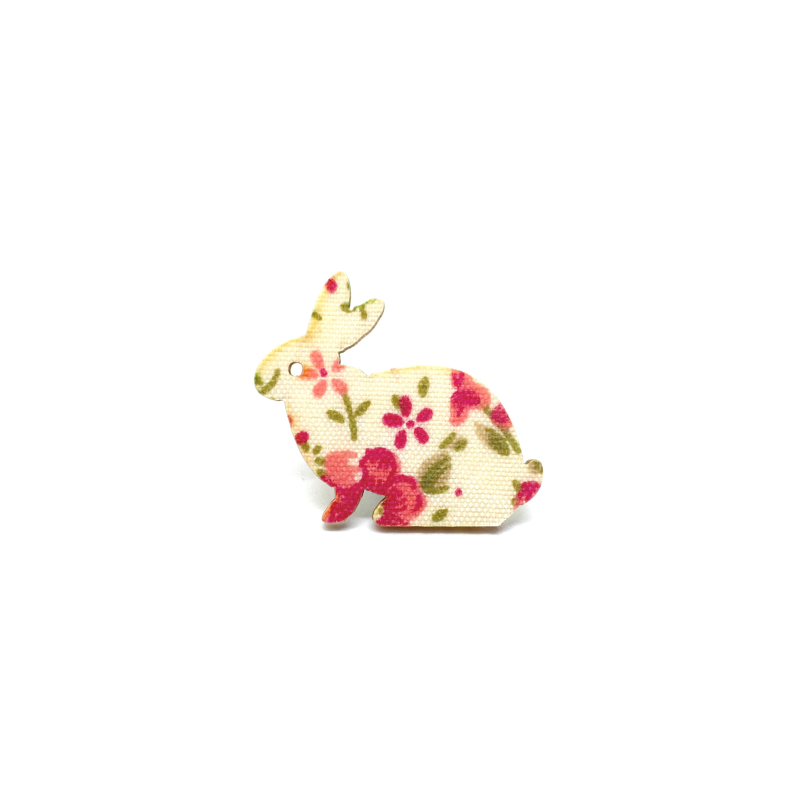 Pink Floral Rabbit Wooden Brooch Pin - LM
