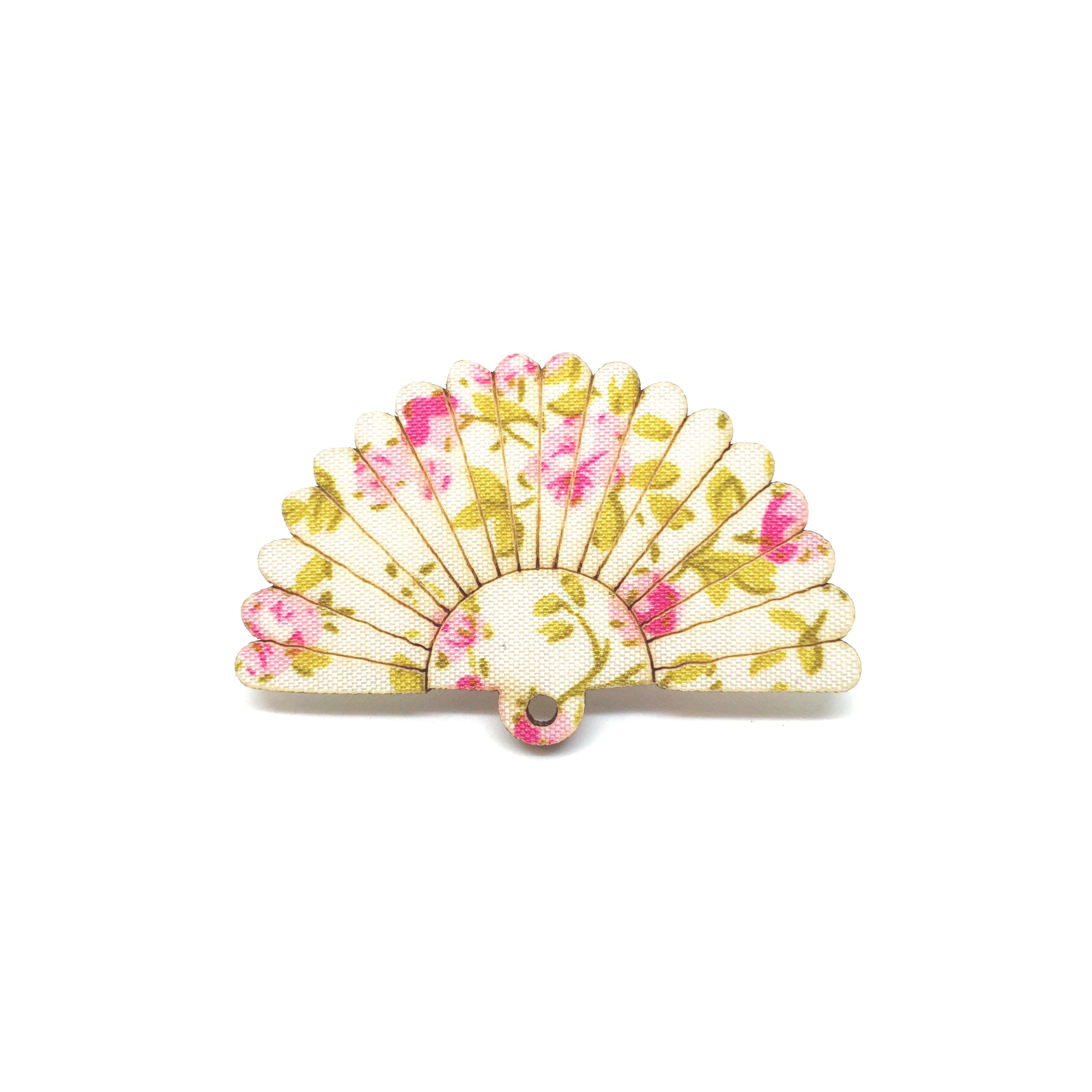 Pink Green Kimono Sakura Fan Wooden Brooch Pin - LM