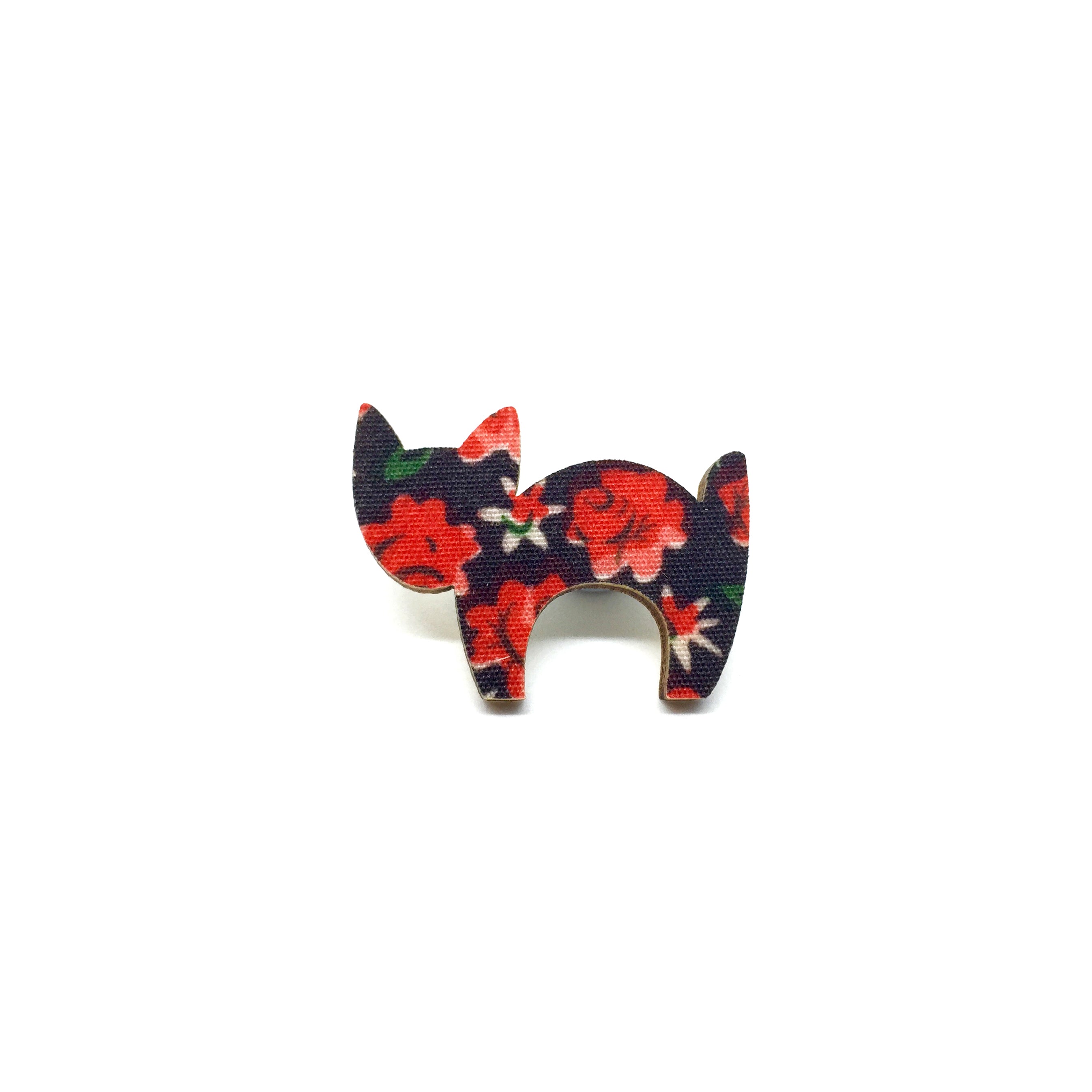 Red Floral Scaredy Cat Wooden Brooch Pin - LM