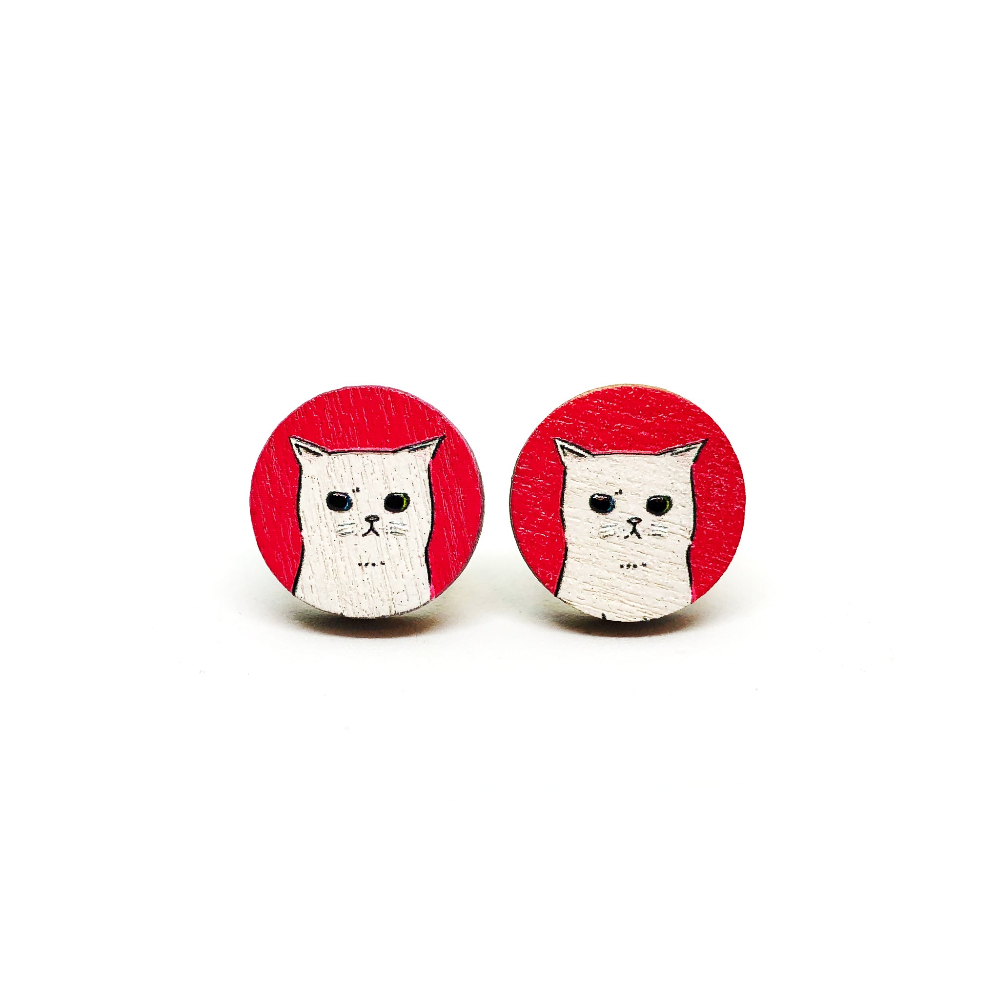 Sad Little White Cat Wooden Earrings - LM