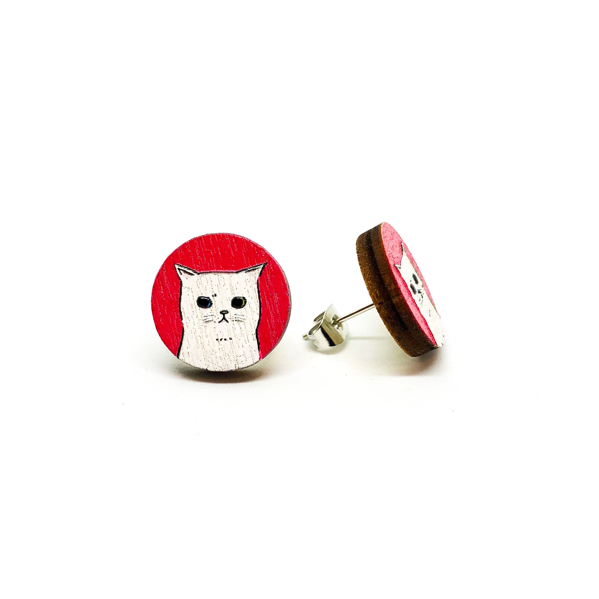 Sad Little White Cat Wooden Earrings - LM