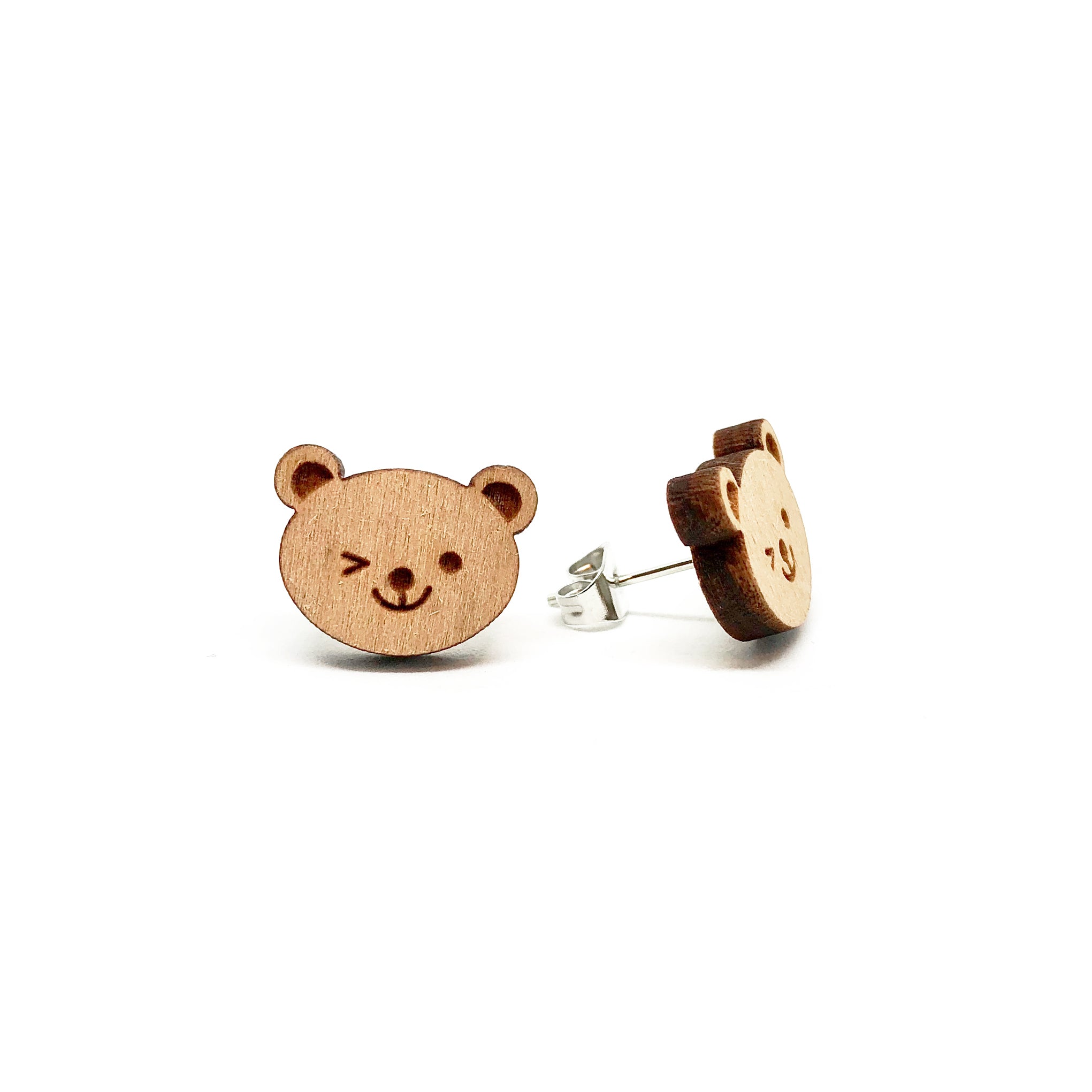 Winking Bear Laser Cut Wood Earrings - LM